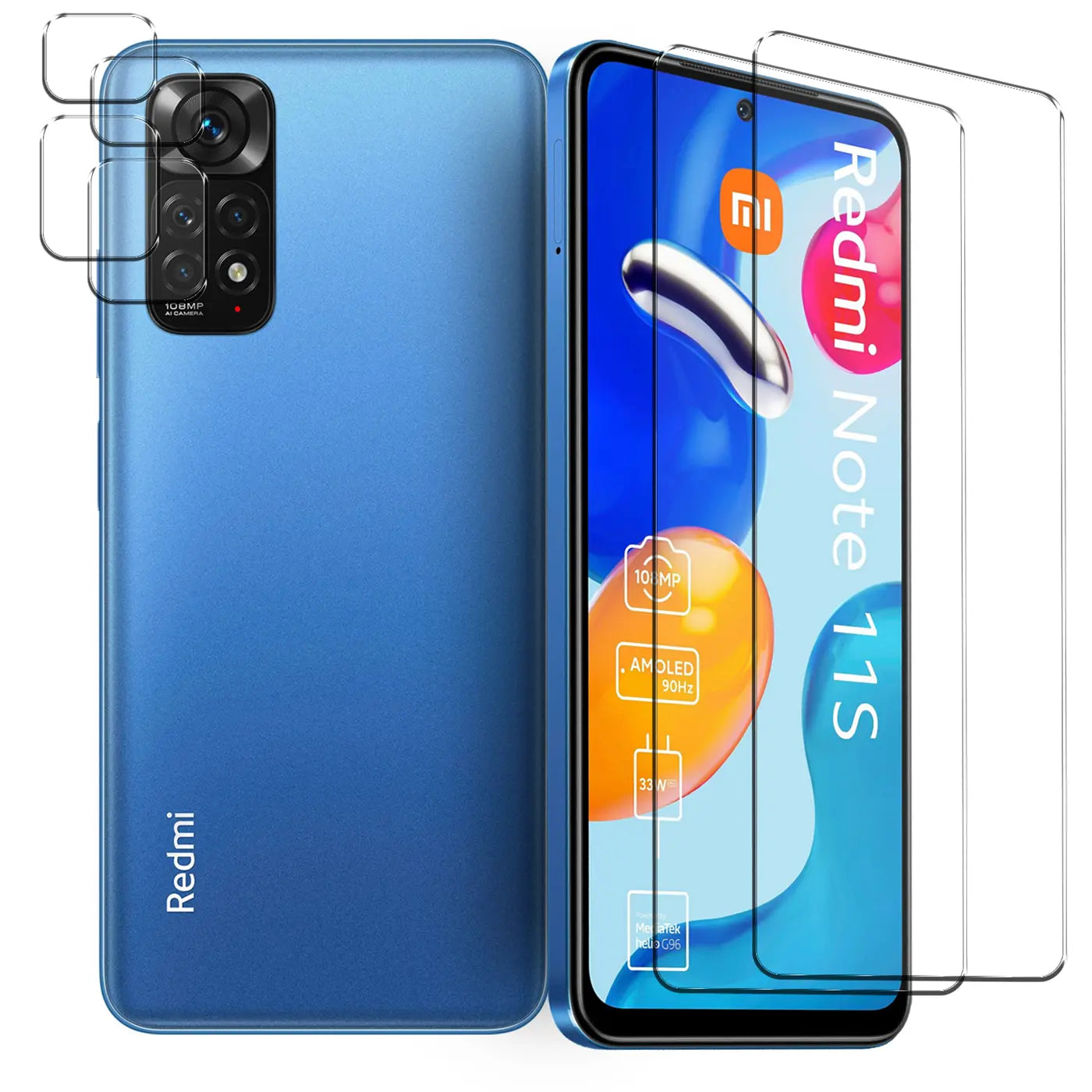 Blaues Xiaomi Redmi Note 11S von hinten und vorne mit 2 Displayschutzgläsern und 3 Kameraschutzgläsern.
