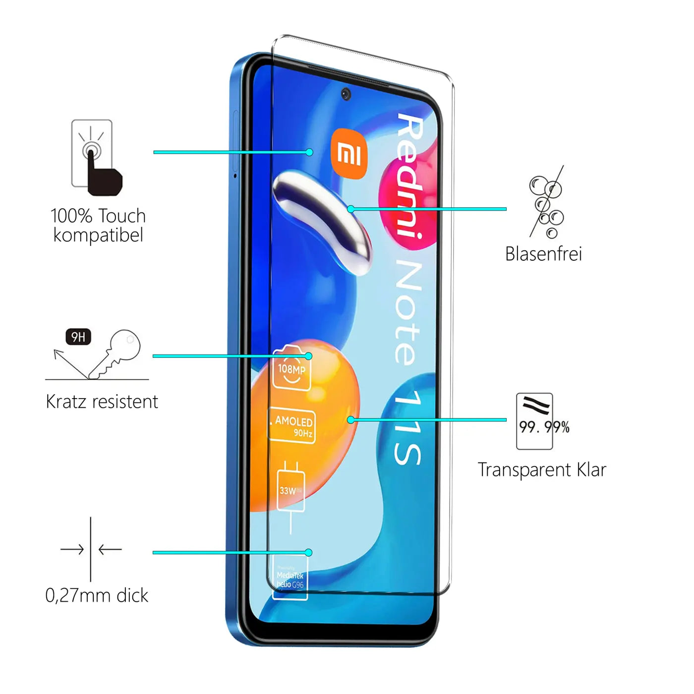 Blaues Xiaomi Redmi Note 11S mit transparentem Schutzglas aus Glas von vorne, leicht schräg von rechts.