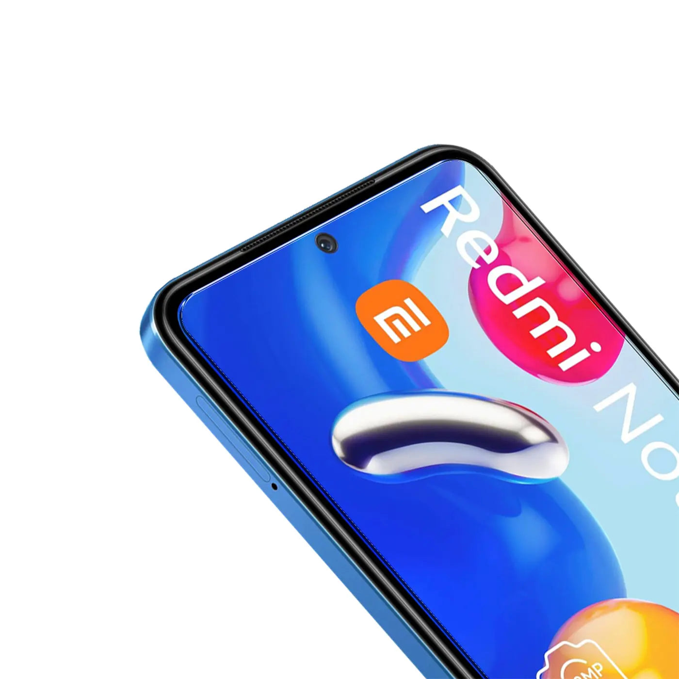 Nahaufnahme eines blauen Xiaomi Redmi Note 11S mit schwarzem Schutzglas, schräg von oben rechts auf weißem Hintergrund.