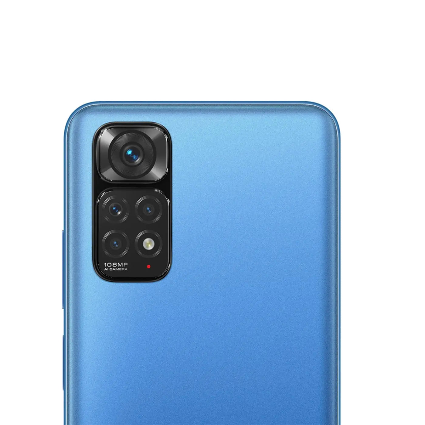 Rückseite des blauen Xiaomi Redmi Note 11S mit schwarzem, rechteckigem Kameramodul (108MP AI Camera) und Blitz.