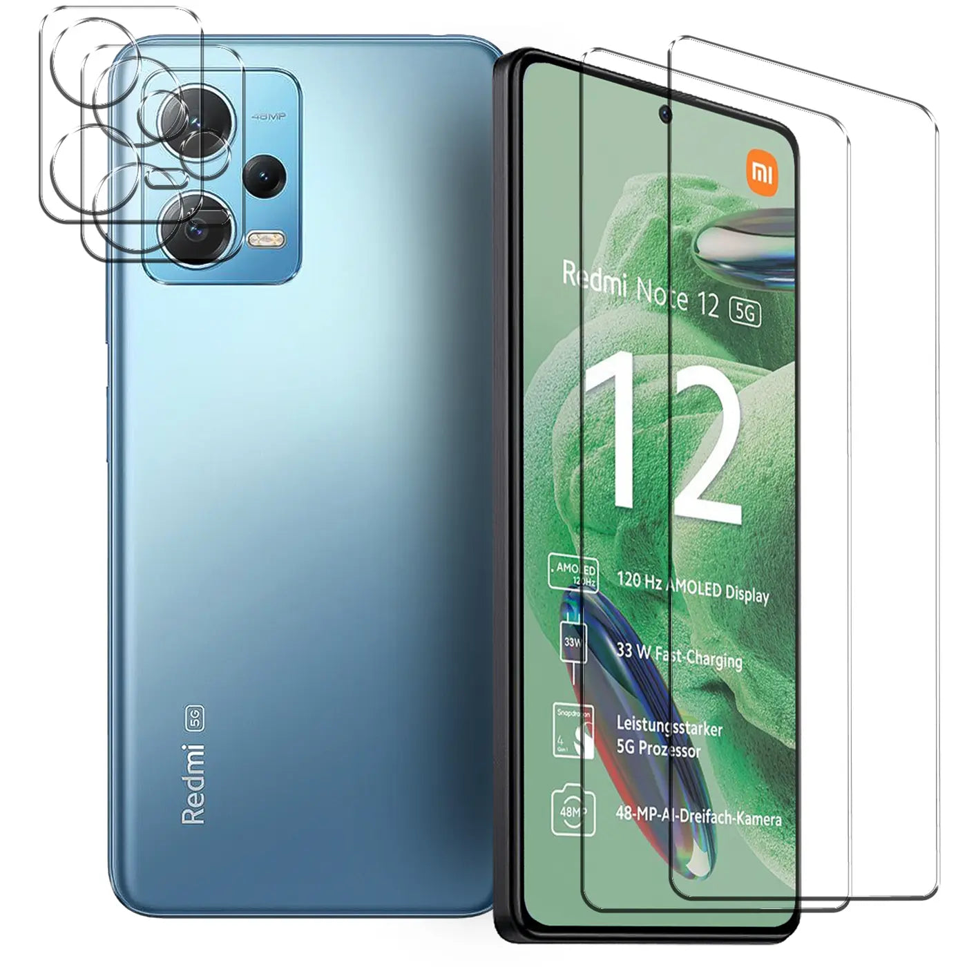 Blaues Xiaomi Redmi Note 12 5G von hinten und vorne mit 2 Displayschutzgläsern und 3 Kameraschutzgläsern.