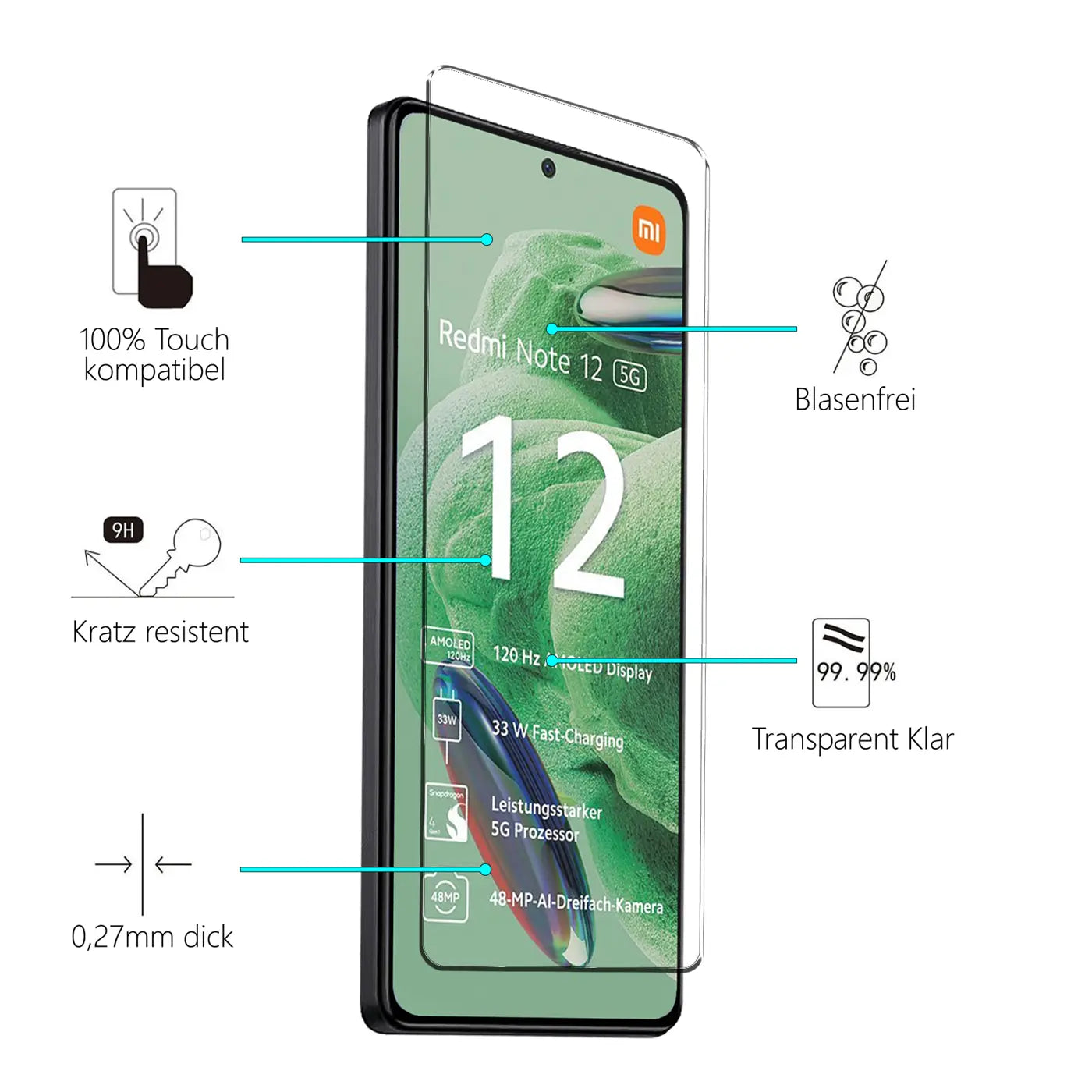 Schutzglas für Xiaomi Redmi Note 12 5G, transparent, Glas, von vorne rechts, mit Beschreibungen der Eigenschaften.