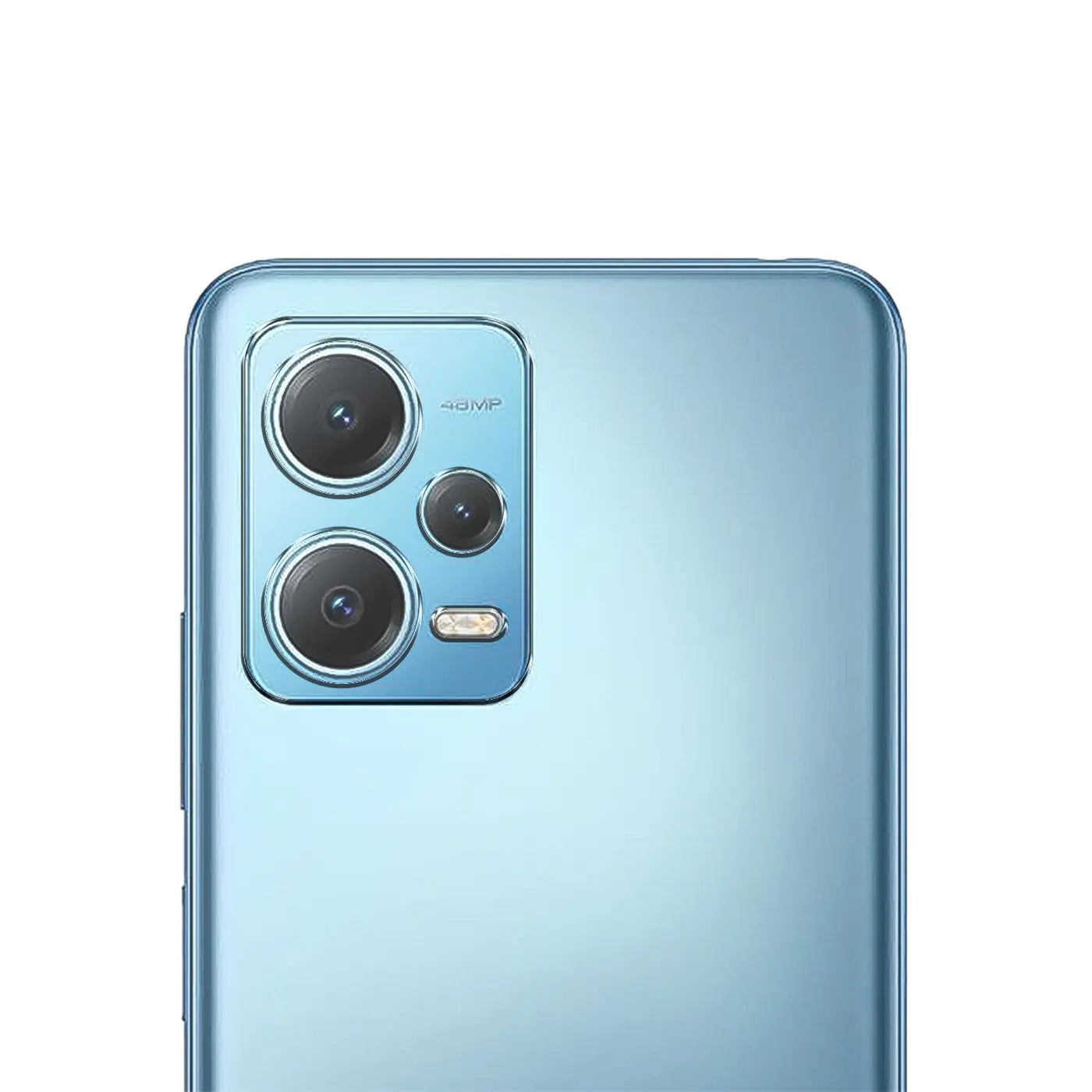 Rückseite eines blauen Xiaomi Redmi Note 12 5G Handys mit glänzender Oberfläche, schräg von hinten oben links.