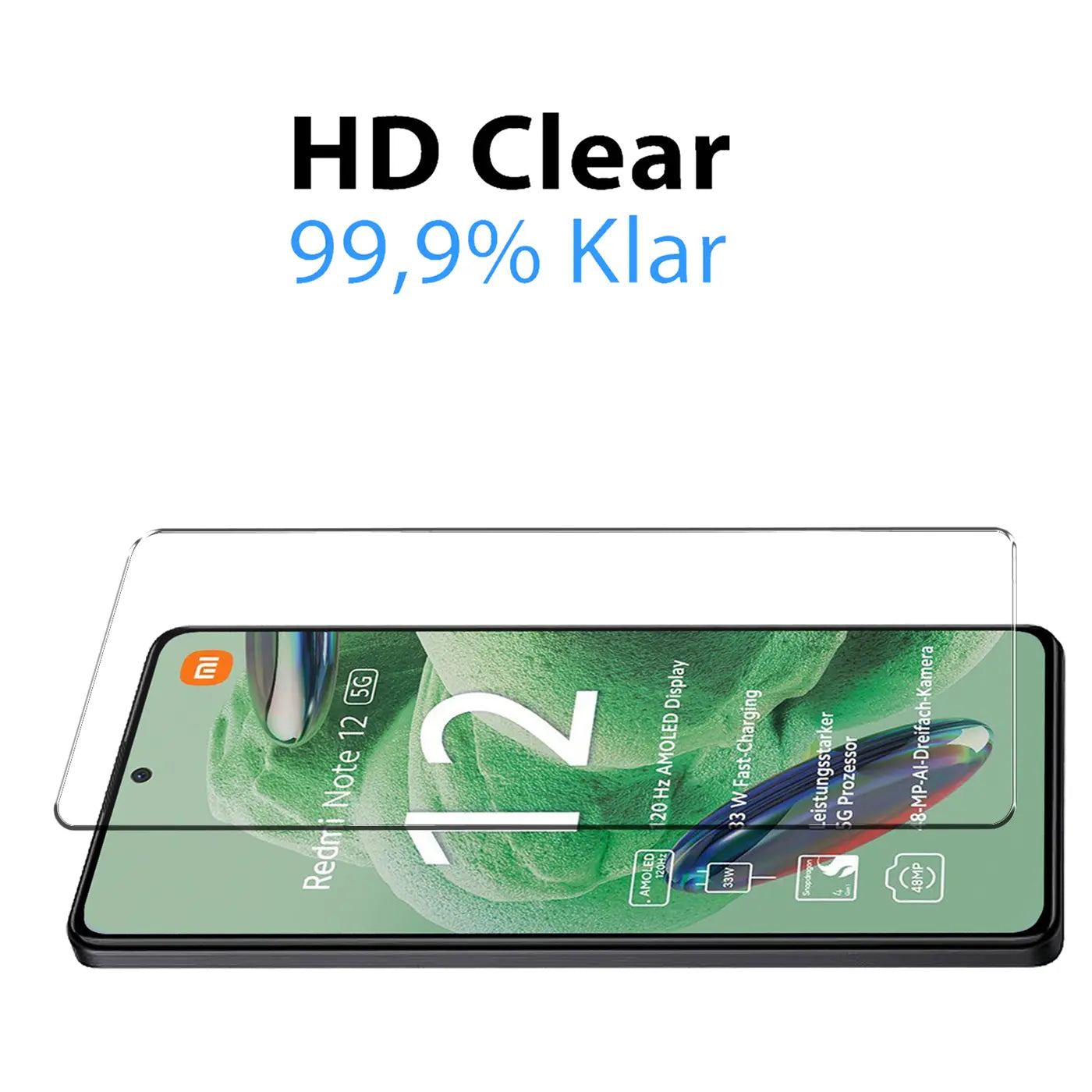 Klares Schutzglas für Xiaomi Redmi Note 12 5G, schräg über dem schwarzen Smartphone liegend, von oben rechts.