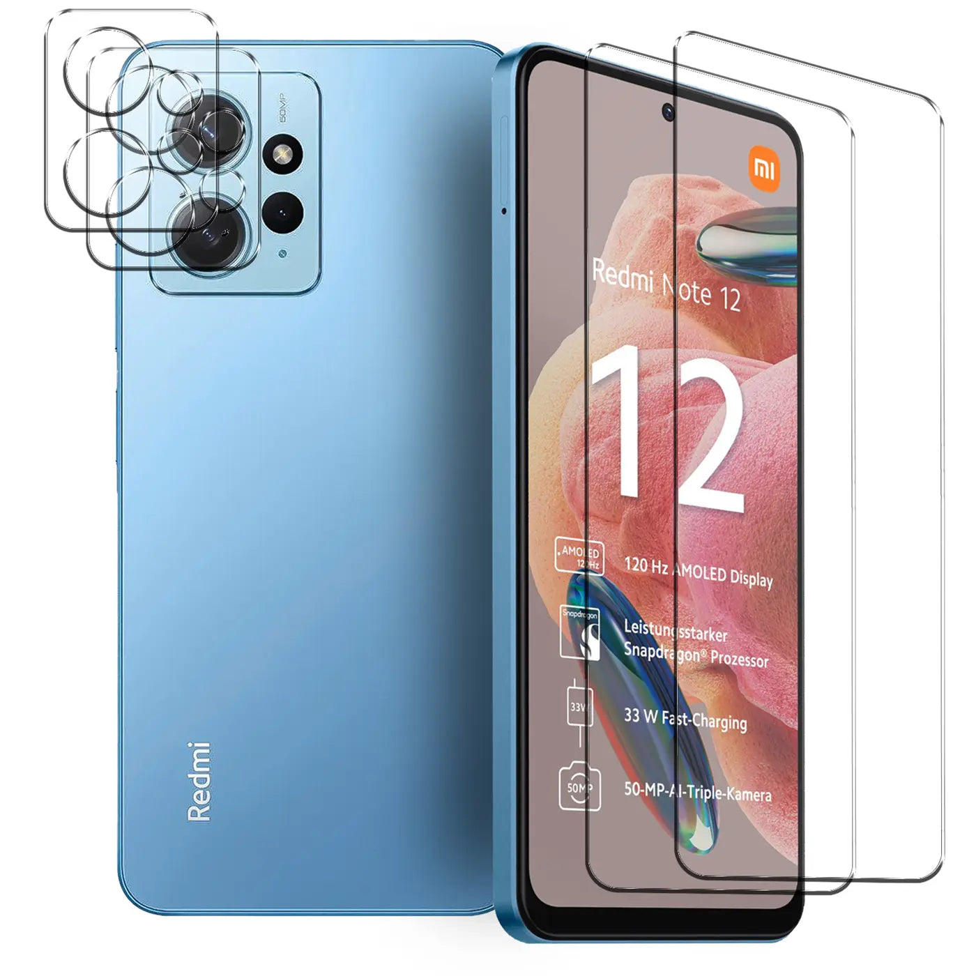 Blaues Xiaomi Redmi Note 12 4G mit 2 Displayschutzgläsern und 2 Kameraschutzgläsern aus Glas, schräg von vorne.