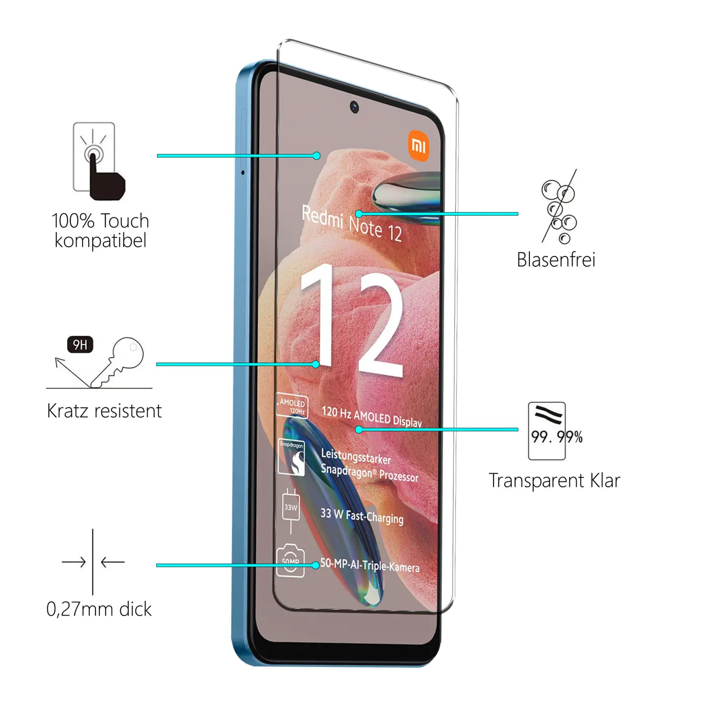 Blaues Xiaomi Redmi Note 12 4G mit transparentem Schutzglas, schräg von vorne. Eigenschaften mit Icons.