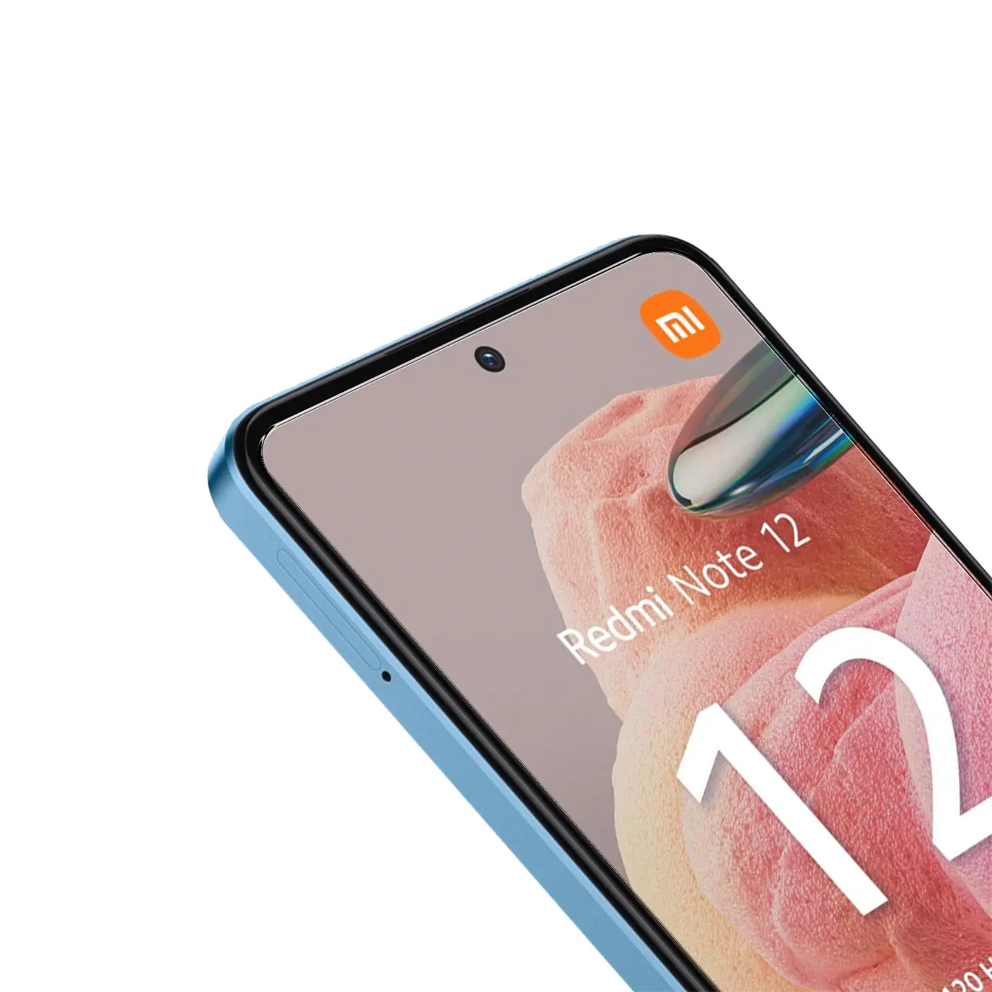 Blaues Xiaomi Redmi Note 12 4G Smartphone, schräg von oben rechts, mit Display-Schutzglas und "Redmi Note 12" Schriftzug.