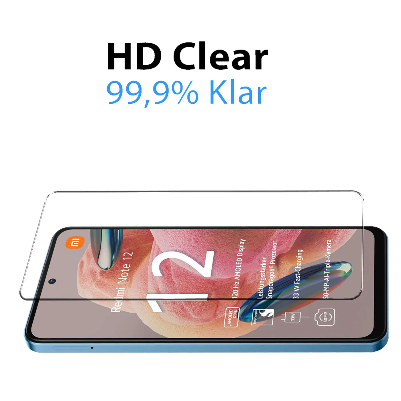 Klares Schutzglas auf blauem Xiaomi Redmi Note 12 4G Smartphone, leicht schräg von oben. Oben: "HD Clear 99,9% Klar".