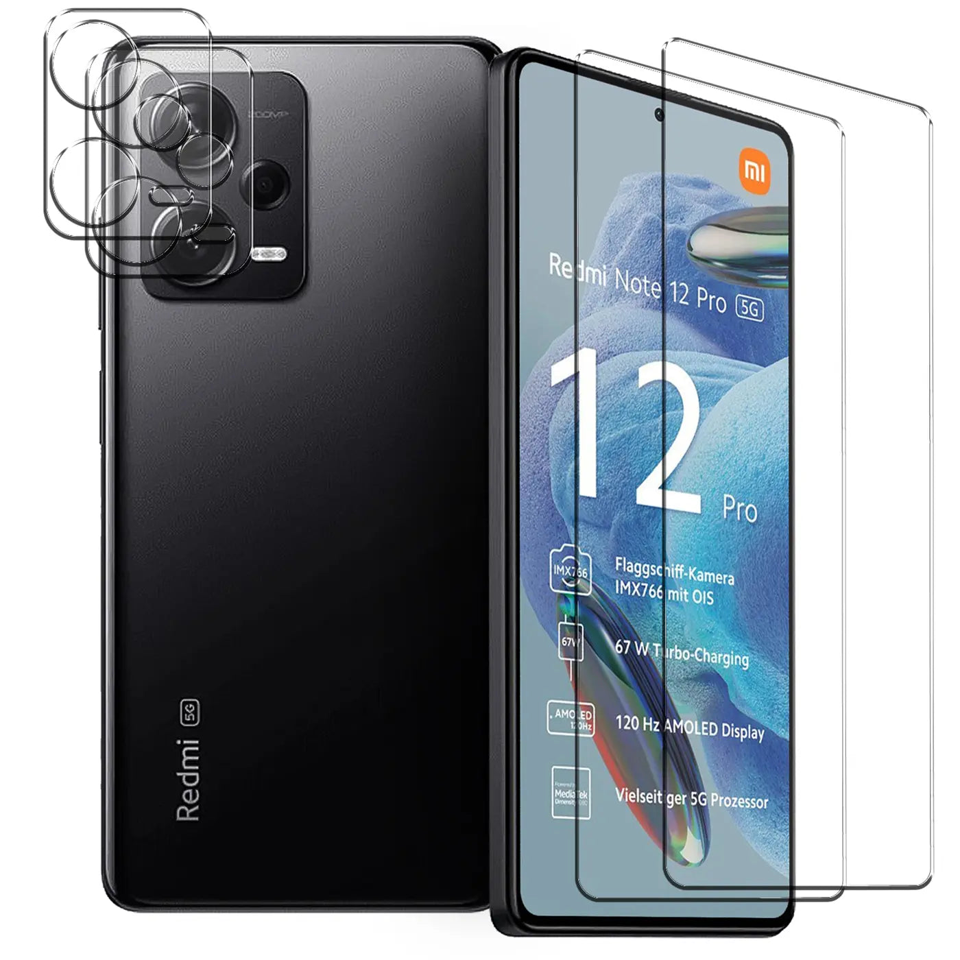 Schwarzes Xiaomi Redmi Note 12 Pro 5G von hinten und vorne, mit zwei Displayschutzfolien und drei Kameraschutzgläsern.