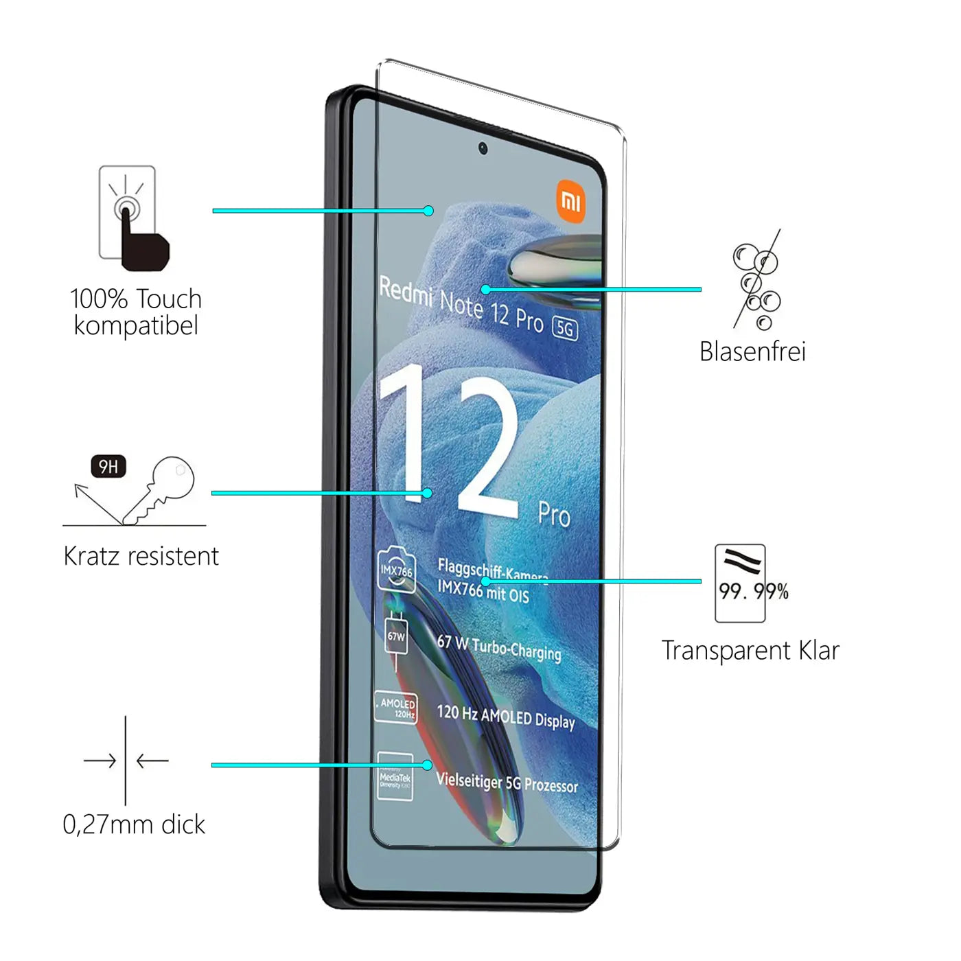 Schutzglas aus transparentem Glas auf schwarzem Xiaomi Redmi Note 12 Pro 5G Smartphone, leicht schräg von vorne.