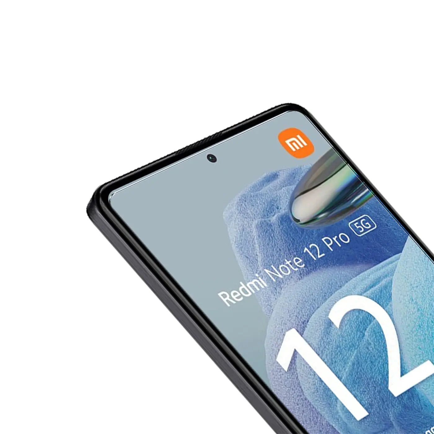 Schwarzes Xiaomi Redmi Note 12 Pro 5G Smartphone, Display mit Schutzglas, leicht schräg von oben rechts.