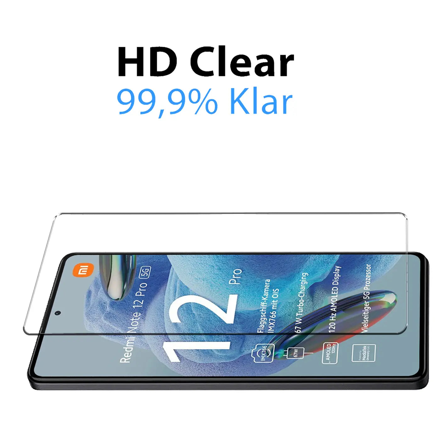 Klares Schutzglas über einem schwarzen Xiaomi Redmi Note 12 Pro 5G Smartphone, schräg von oben.