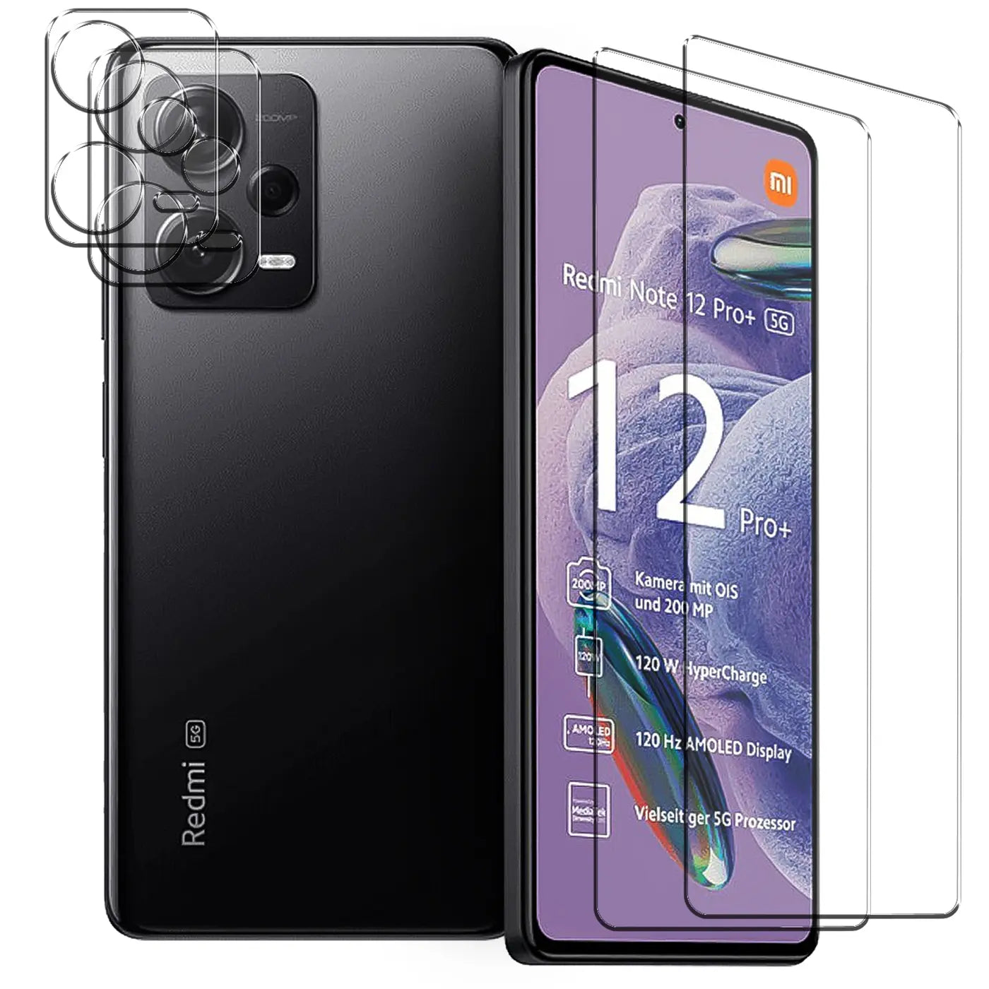Schwarzes Xiaomi Redmi Note 12 Pro Plus 5G mit 2 Displayschutzgläsern und 2 Kameraschutzgläsern aus Glas.