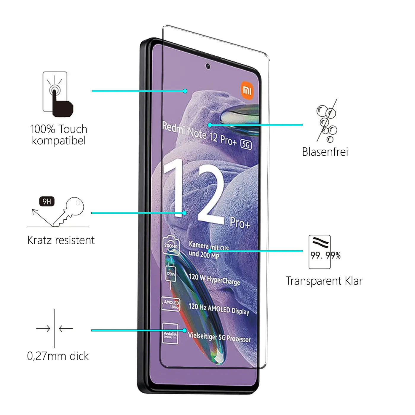 Schutzglas für Xiaomi Redmi Note 12 Pro Plus 5G, transparent, Glas, von vorne rechts auf schwarzem Handy.