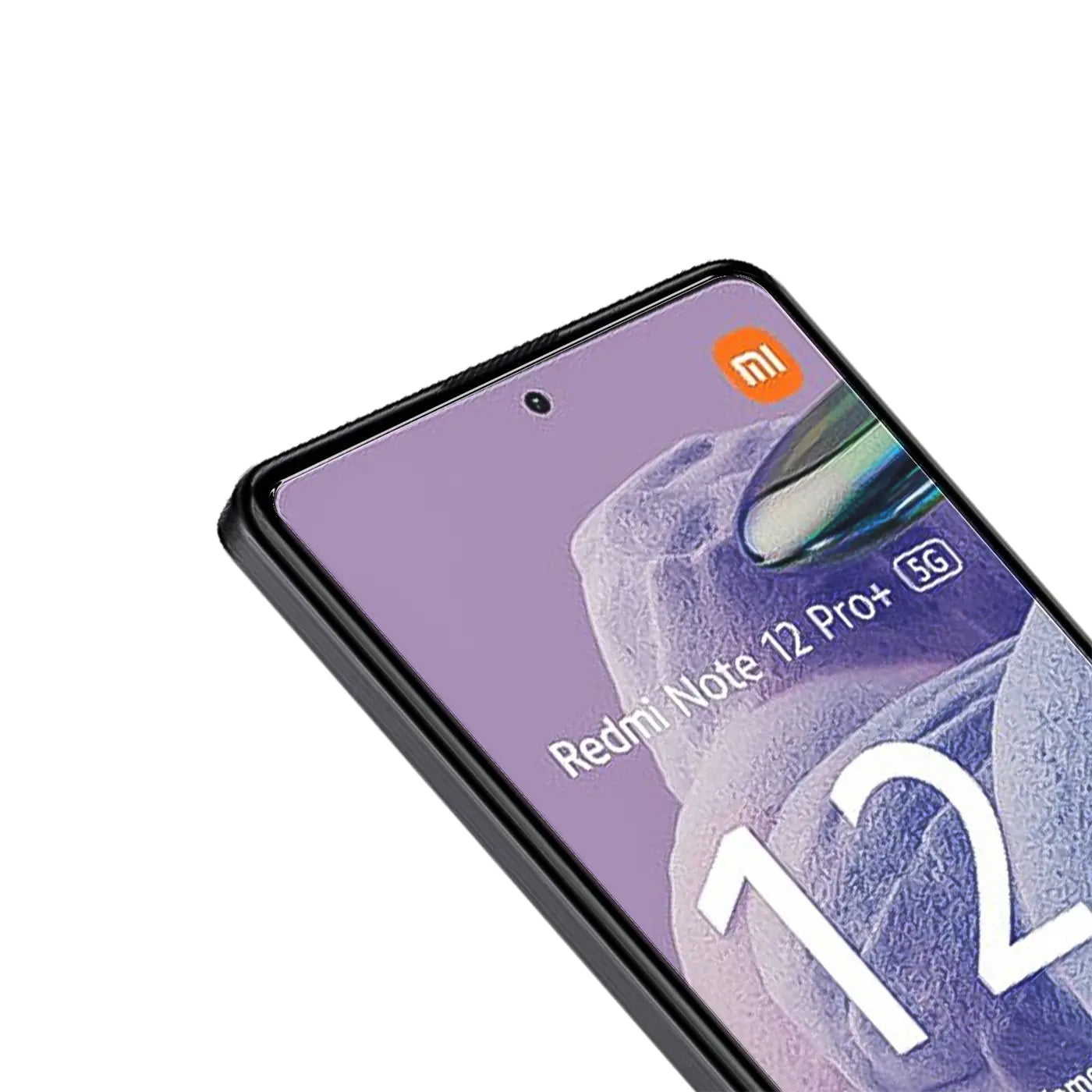 Schwarzes Xiaomi Redmi Note 12 Pro Plus 5G Handy, Display mit lila Hintergrund, schräg von oben rechts.