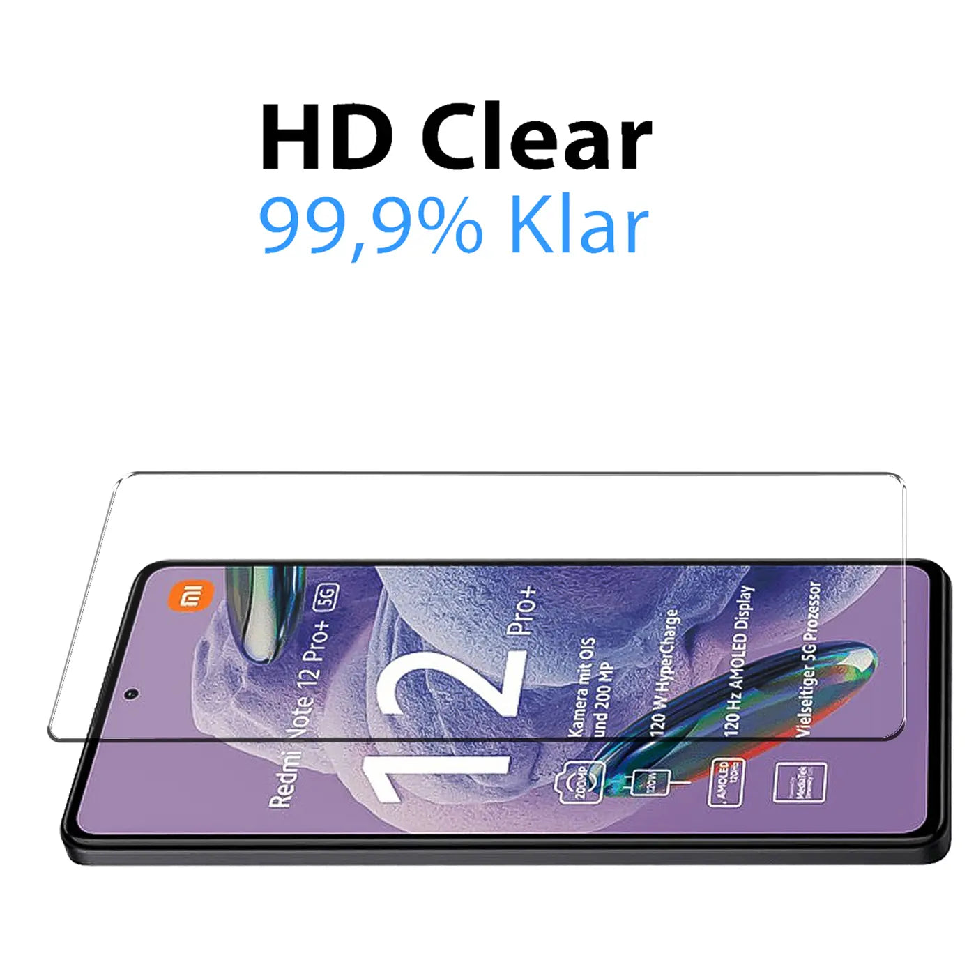 Klares Schutzglas liegt über einem schwarzen Xiaomi Redmi Note 12 Pro Plus 5G, leicht schräg von oben.