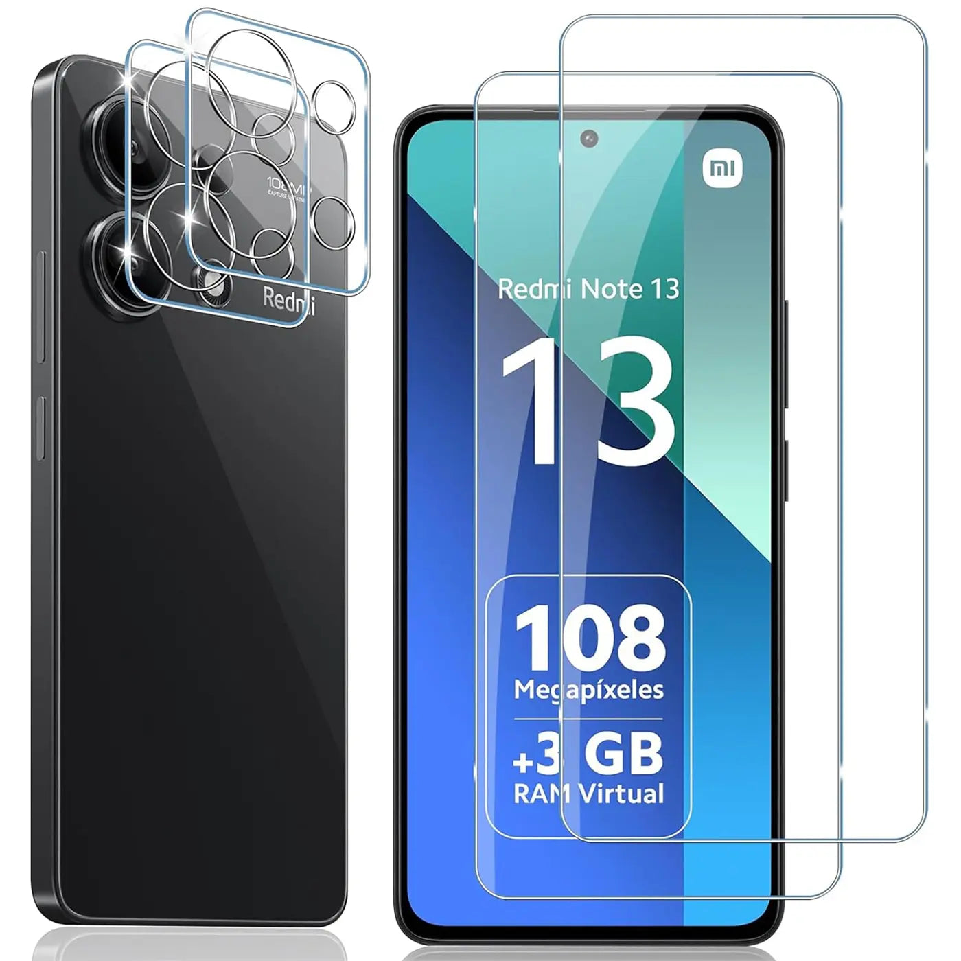 Schutzglas-Set für Xiaomi Redmi Note 13 4G: 2 Displayschutzfolien und 2 Kameraschutzfolien aus Glas.