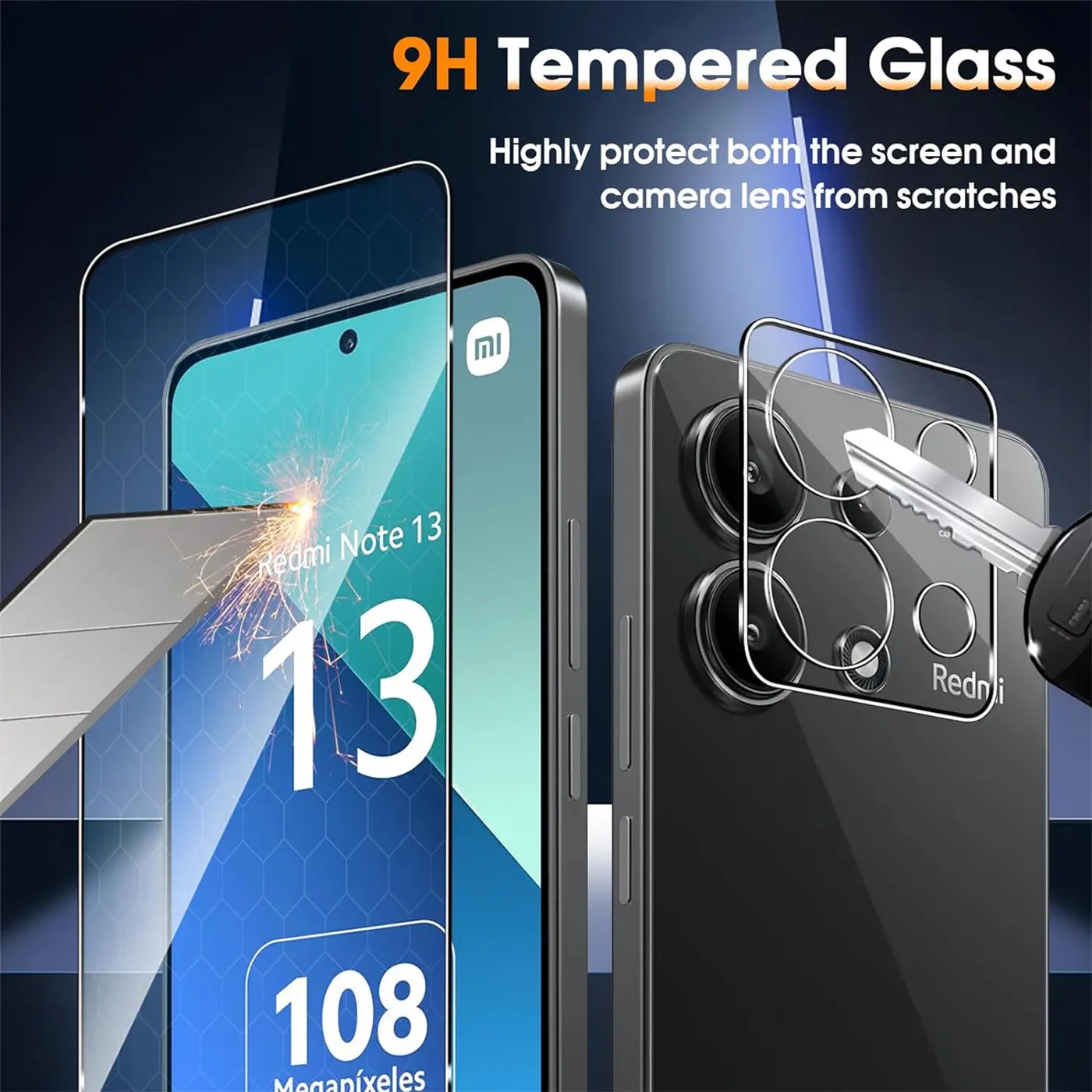 Schutzglas für Xiaomi Redmi Note 13 4G: Vorderseite mit Funken, Rückseite mit Kameraschutz und Schlüssel.