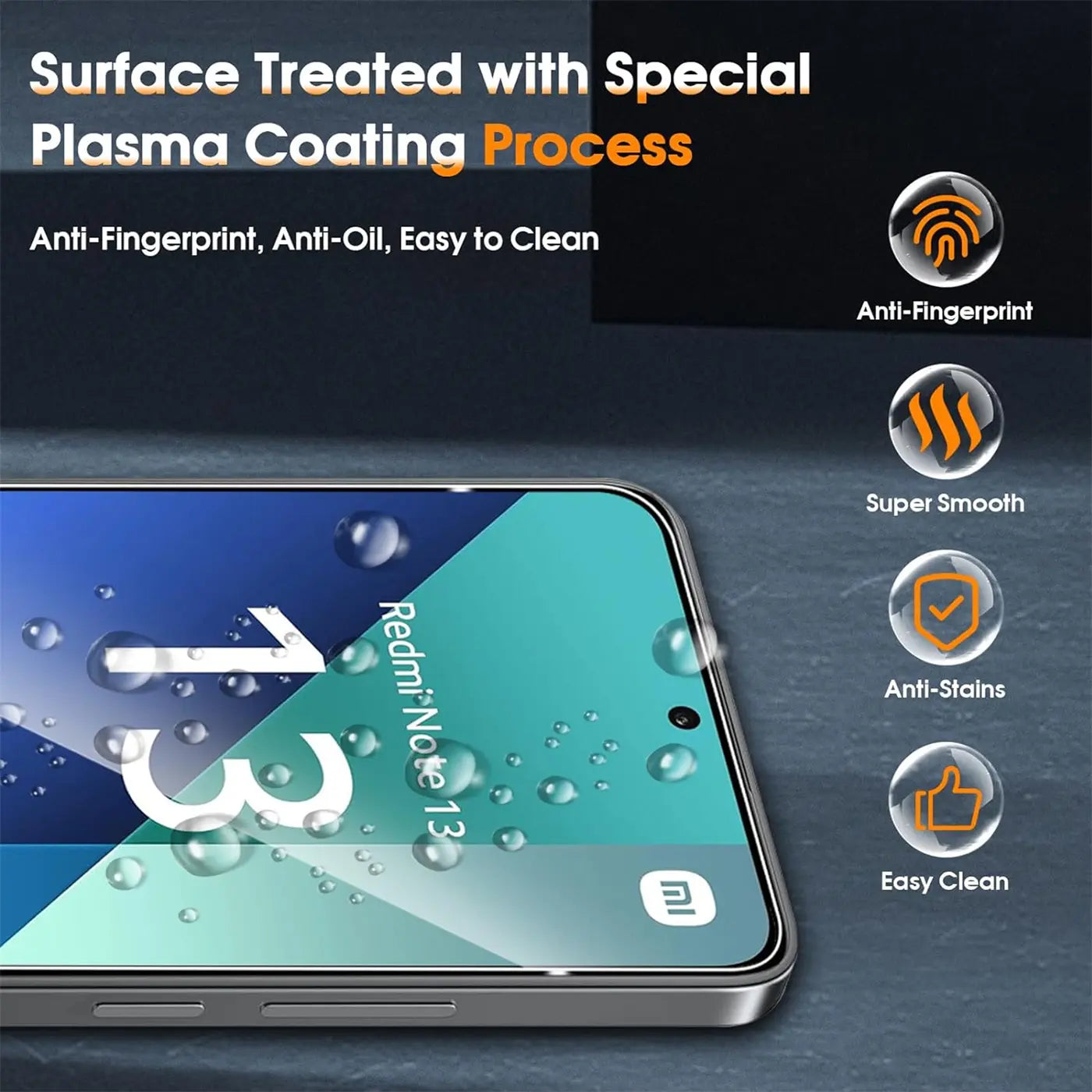 Schutzglas auf Xiaomi Redmi Note 13 4G Display mit Wassertropfen, von oben rechts. Text: "Redmi Note 13".