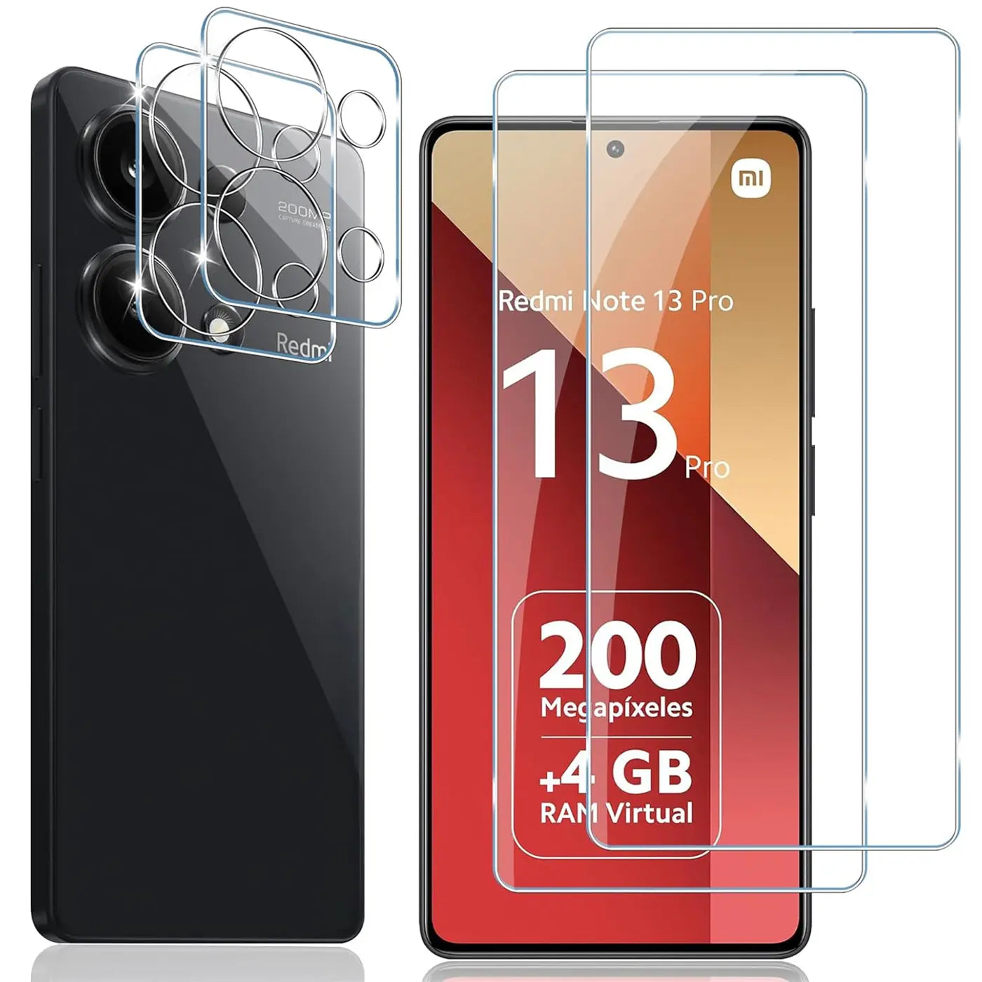 Schutzglas-Set für Xiaomi Redmi Note 13 Pro 4G: 2 Displayschutzfolien und 2 Kameraschutzgläser aus transparentem Glas.