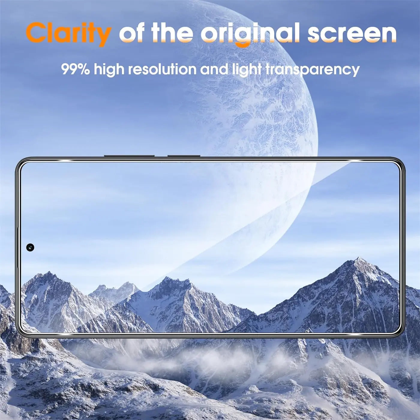 Xiaomi Redmi Note 13 Pro 5G mit transparentem Schutzglas, das eine Winterlandschaft mit Bergen und Himmel zeigt.