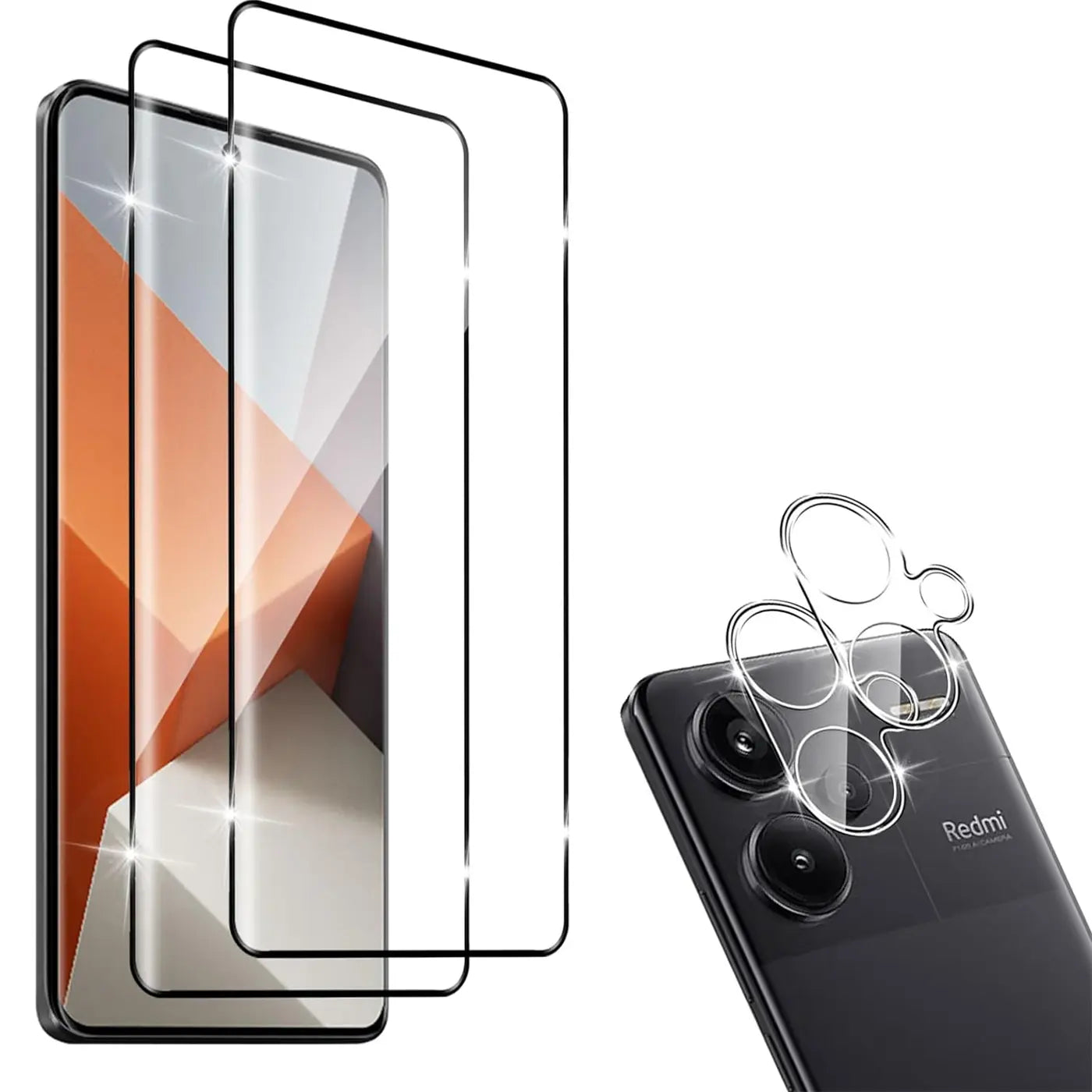 Zwei transparente Schutzgläser für das Display und zwei transparente Kamera-Schutzgläser auf einem schwarzen Xiaomi Redmi.