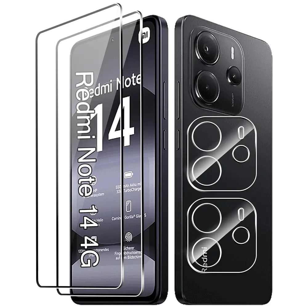Schwarzes Xiaomi Redmi Note 14 4G mit Schutzglas und Kameralinsen-Schutz.