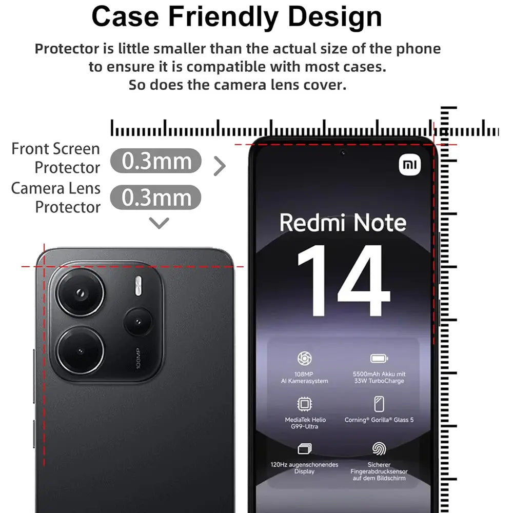 Graues Smartphone-Rückseite und Vorderseite mit Text "Redmi Note 14".