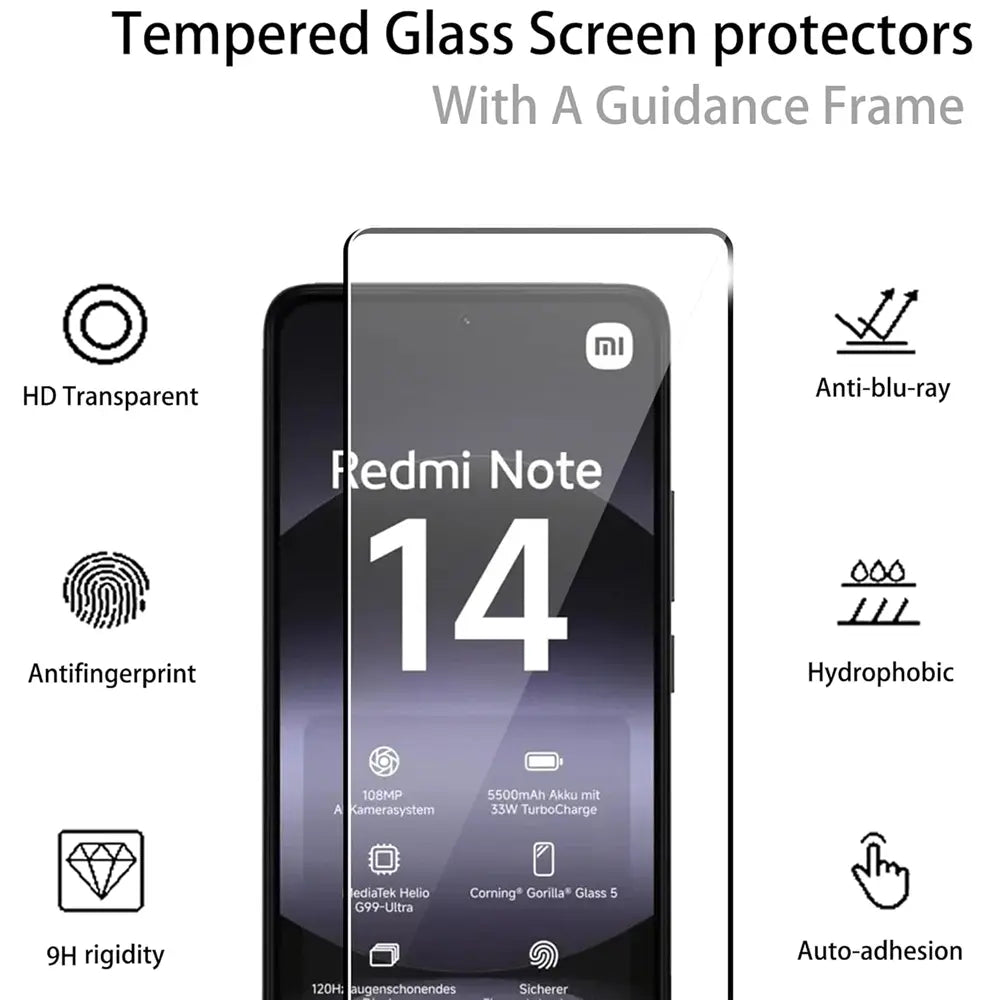 Schutzglas mit Rahmen für Xiaomi Redmi Note 14 4G, transparent, von vorne