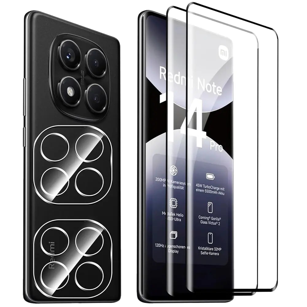 Schwarzes Handy mit Kamera-Schutzgläsern und zwei Displayschutzfolien für Xiaomi Redmi Note 14 Pro 4G.