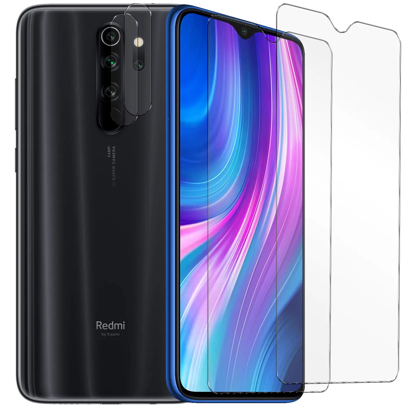 Schwarzes Xiaomi Redmi Note 13 5G von hinten und vorne, daneben 2 Schutzgläser für Display und 2 für Kamera.