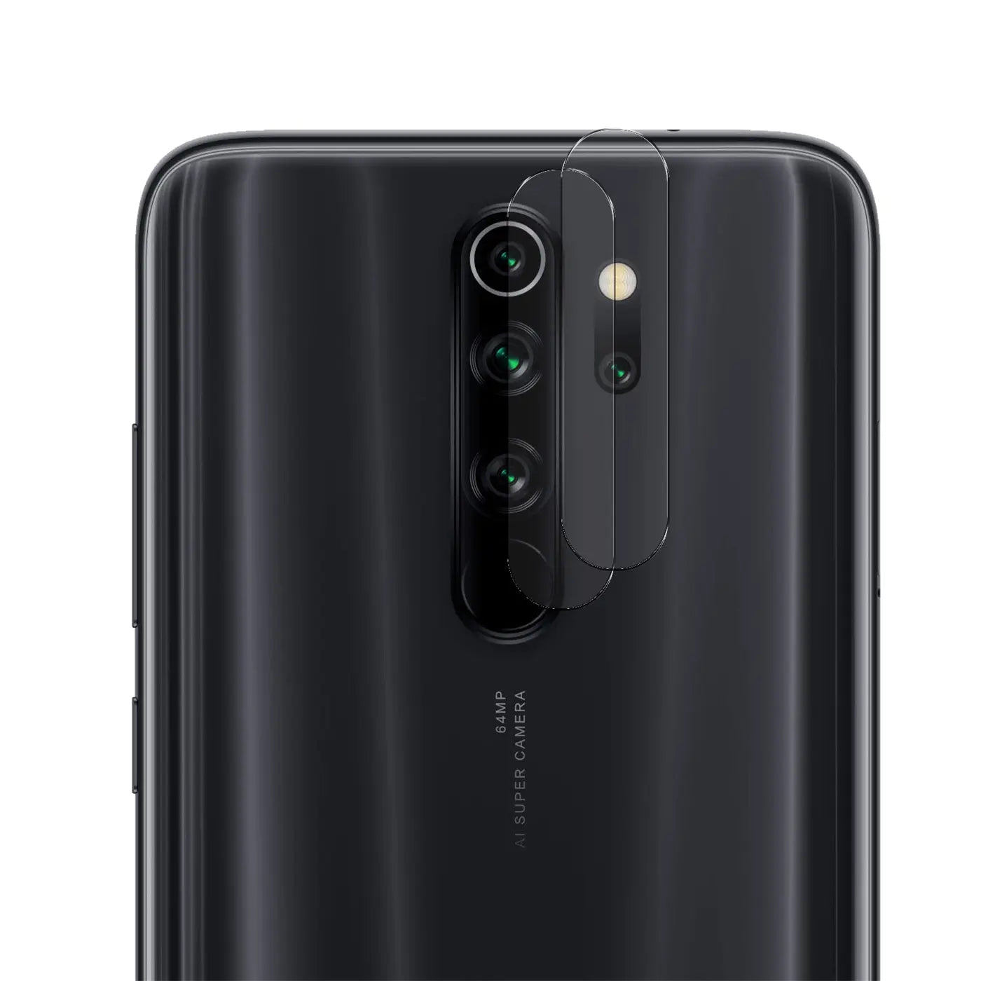 Rückseite eines schwarzen Xiaomi Redmi Note 13 5G mit transparentem Schutzglas auf der Kameraeinheit, schräg von oben.