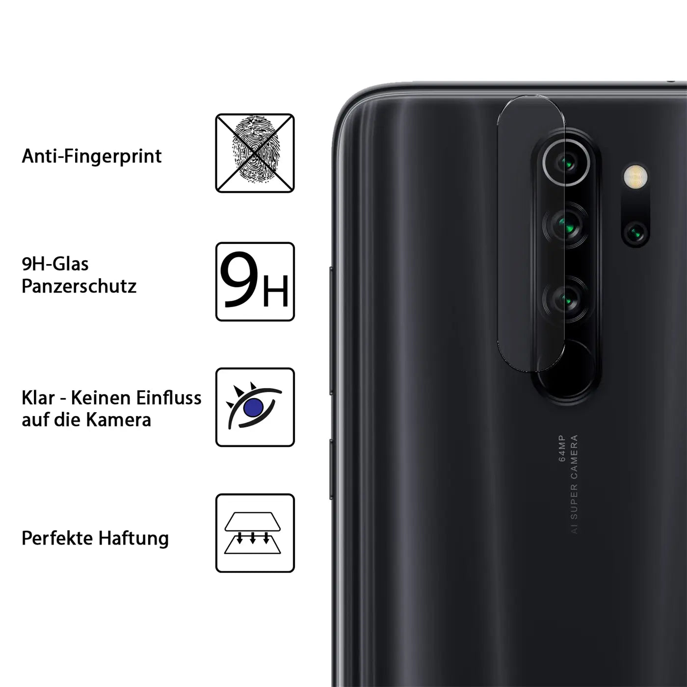 Schwarzes Xiaomi Redmi Note 13 5G von hinten mit transparentem Schutzglas auf der Kamera, daneben 4 Symbole und Texte.
