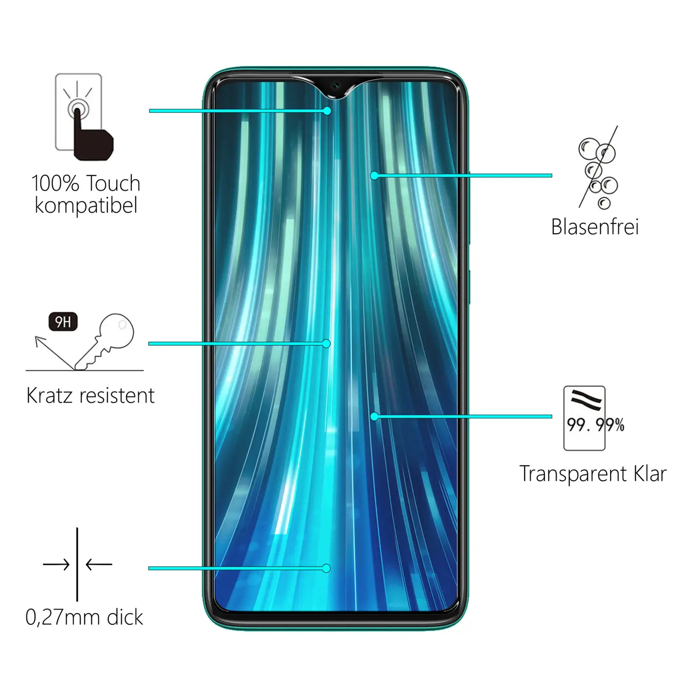 Vorderansicht eines Xiaomi Redmi Note 8 Pro mit transparentem Schutzglas. Türkise Lichtstreifen auf dem Display.