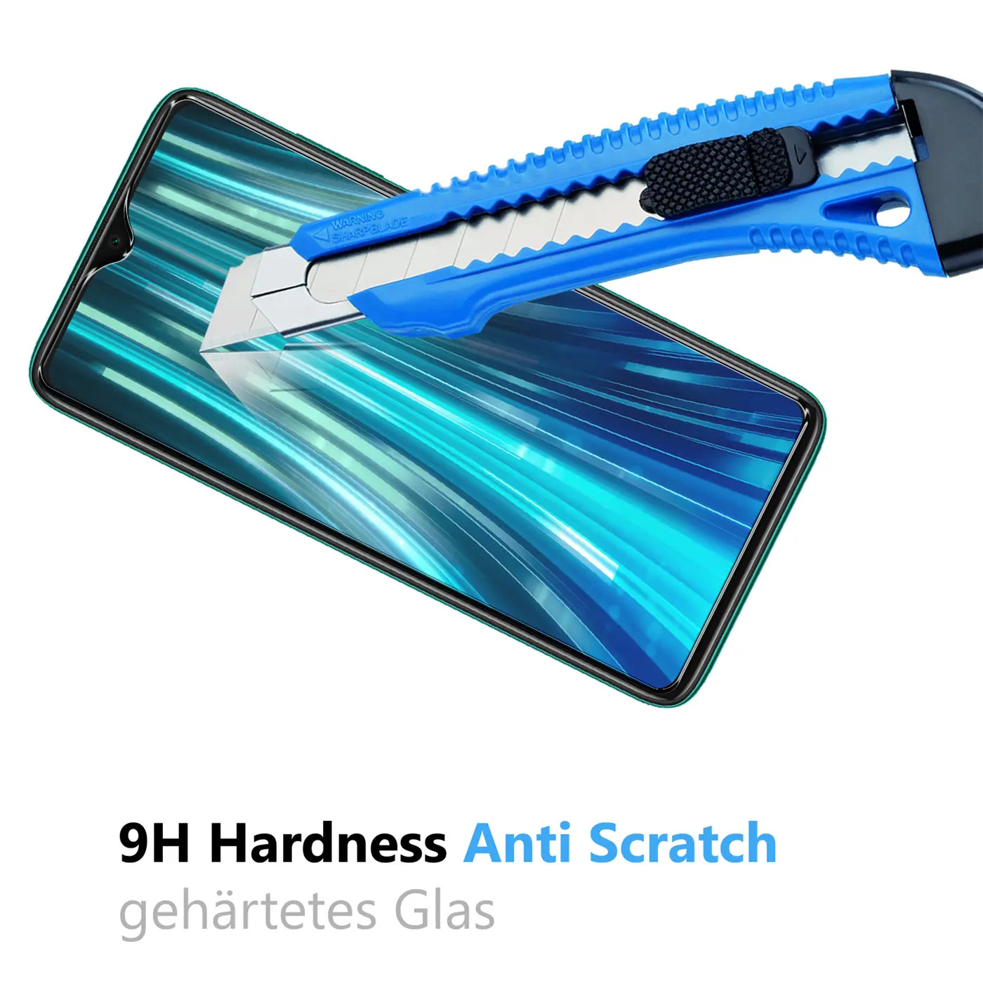 Blaues Cuttermesser auf dem Display eines Xiaomi Redmi Note 8 Pro, das Schutzglas ist kratzfest.