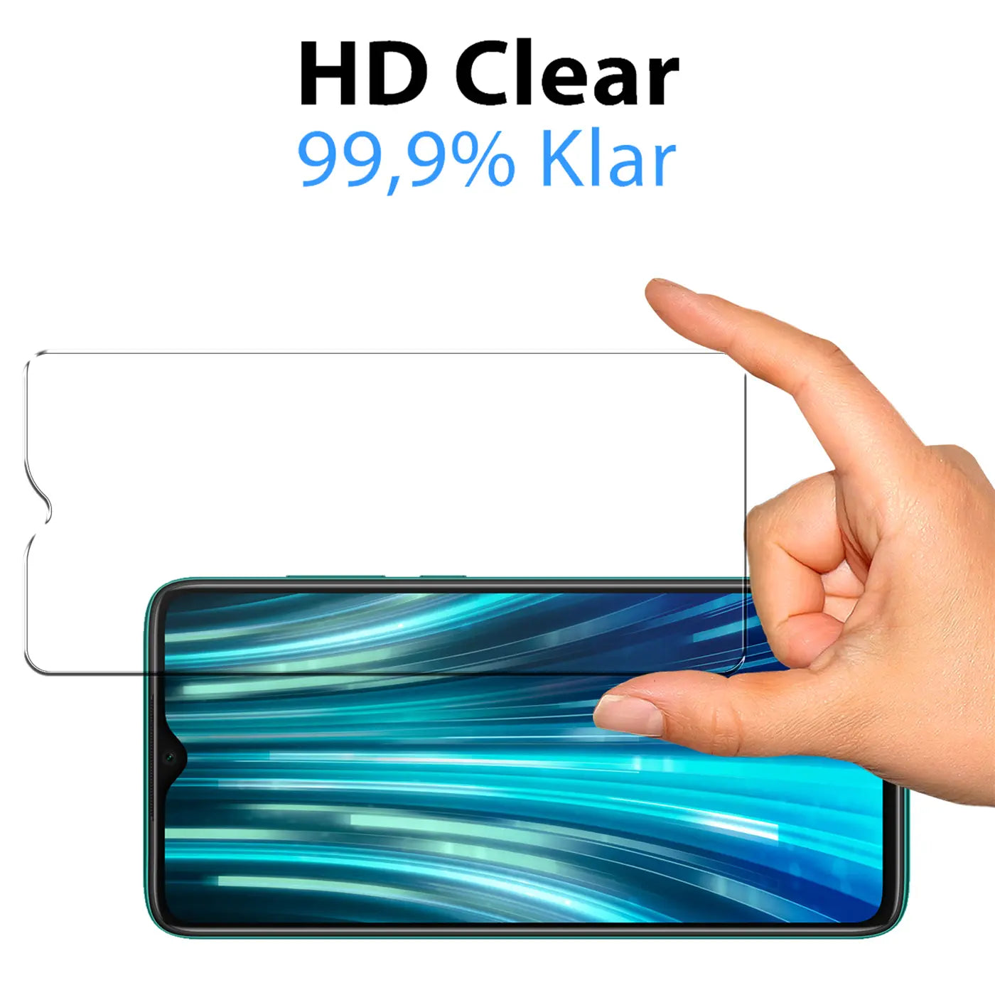 Hand hält transparentes Schutzglas über grünem Xiaomi Redmi Note 13 5G Display mit blauen Streifen, Draufsicht.
