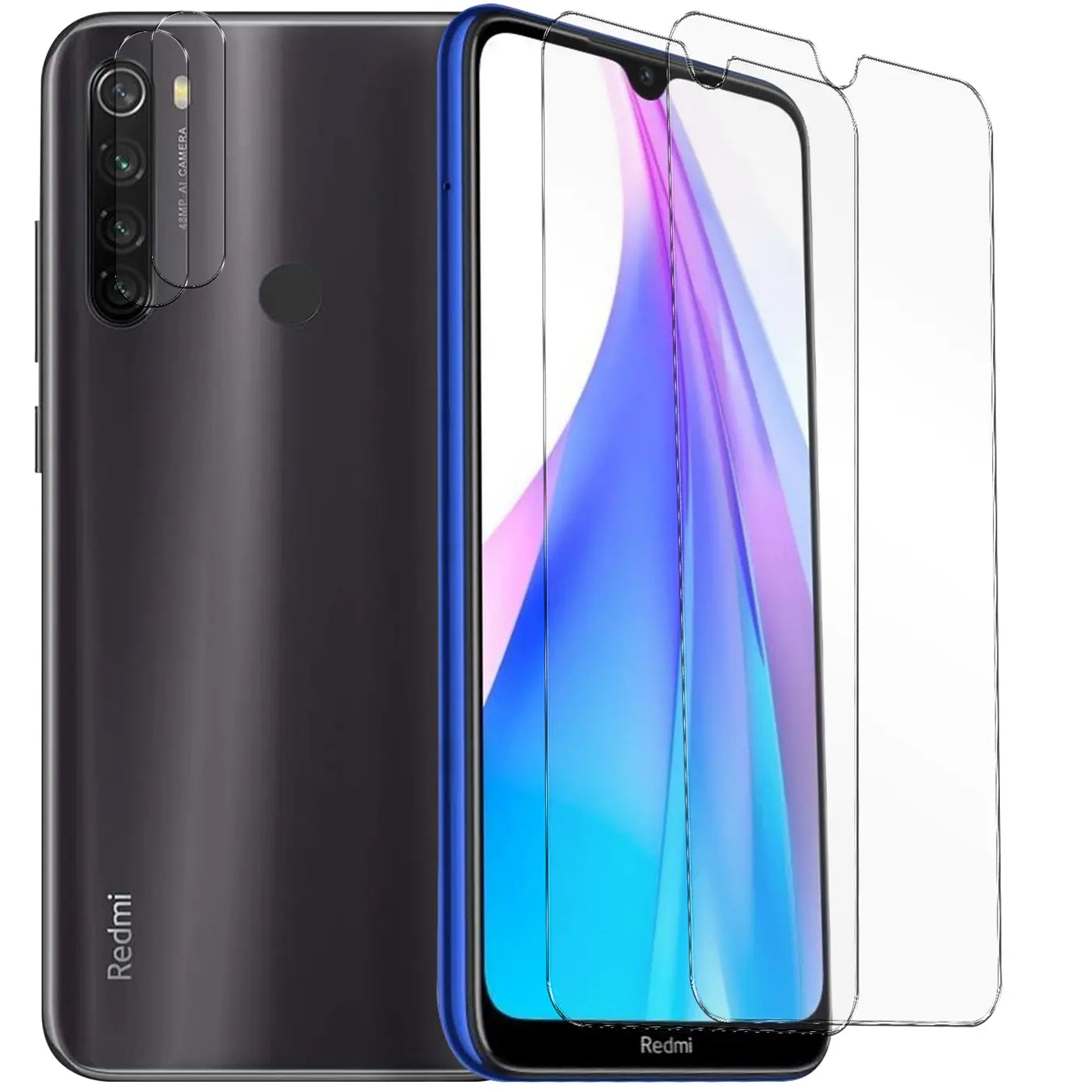 Xiaomi Redmi Note 8T in Grau/Blau mit 2 Displayschutzgläsern und 2 Kameraschutzgläsern aus Glas, schräg von vorn.