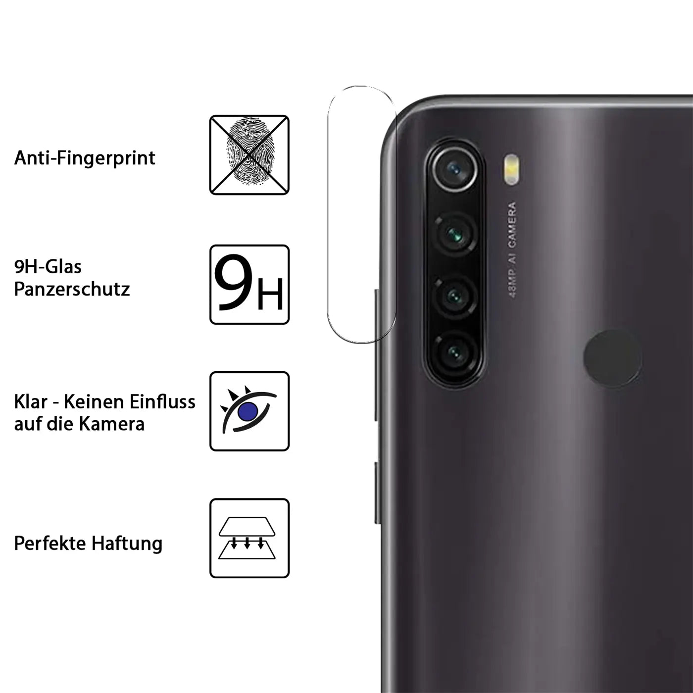 Rückseite eines dunkelgrauen Xiaomi Redmi Note 8T mit Schutzglas über der Kamera, daneben 4 Produktmerkmale.