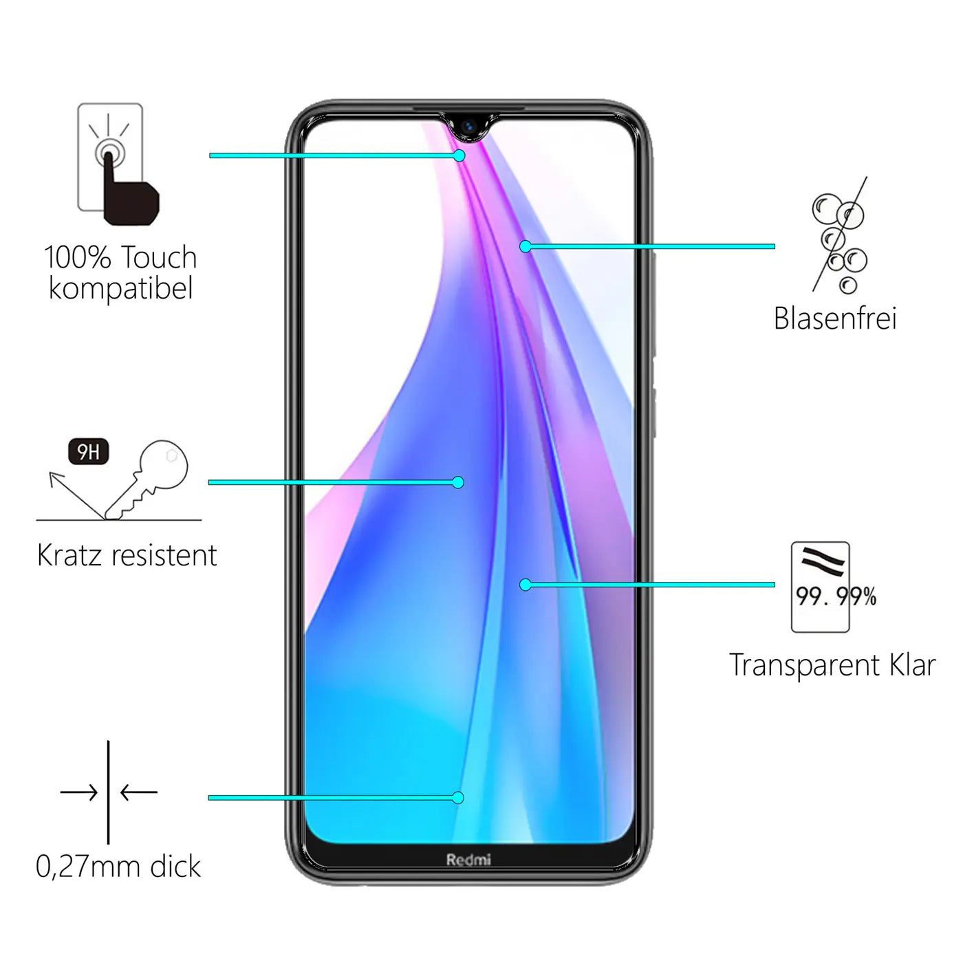 Schwarzes Xiaomi Redmi Note 8T mit Schutzglas, frontal, umgeben von Icons für Touch, Kratzfestigkeit, Blasenfreiheit.