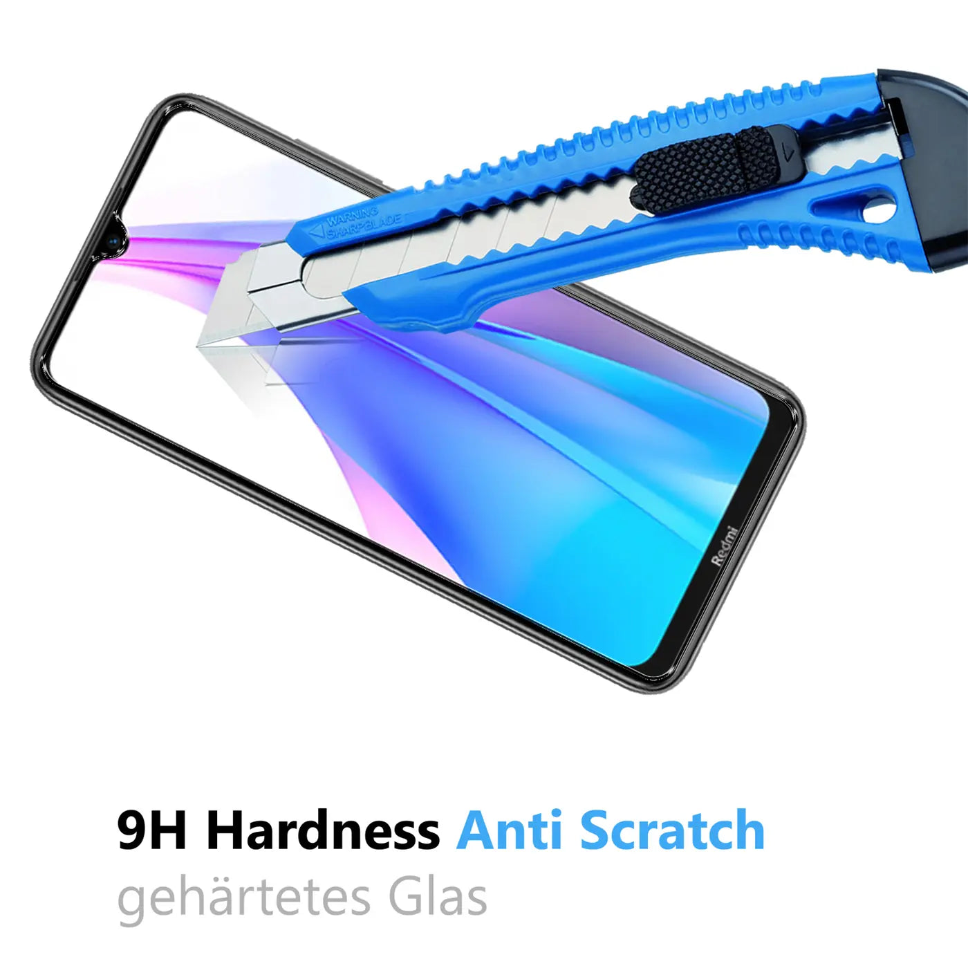 Blau-schwarzes Cuttermesser auf dem Display eines schwarzen Xiaomi Redmi Note 8T, das ein Schutzglas zeigt.