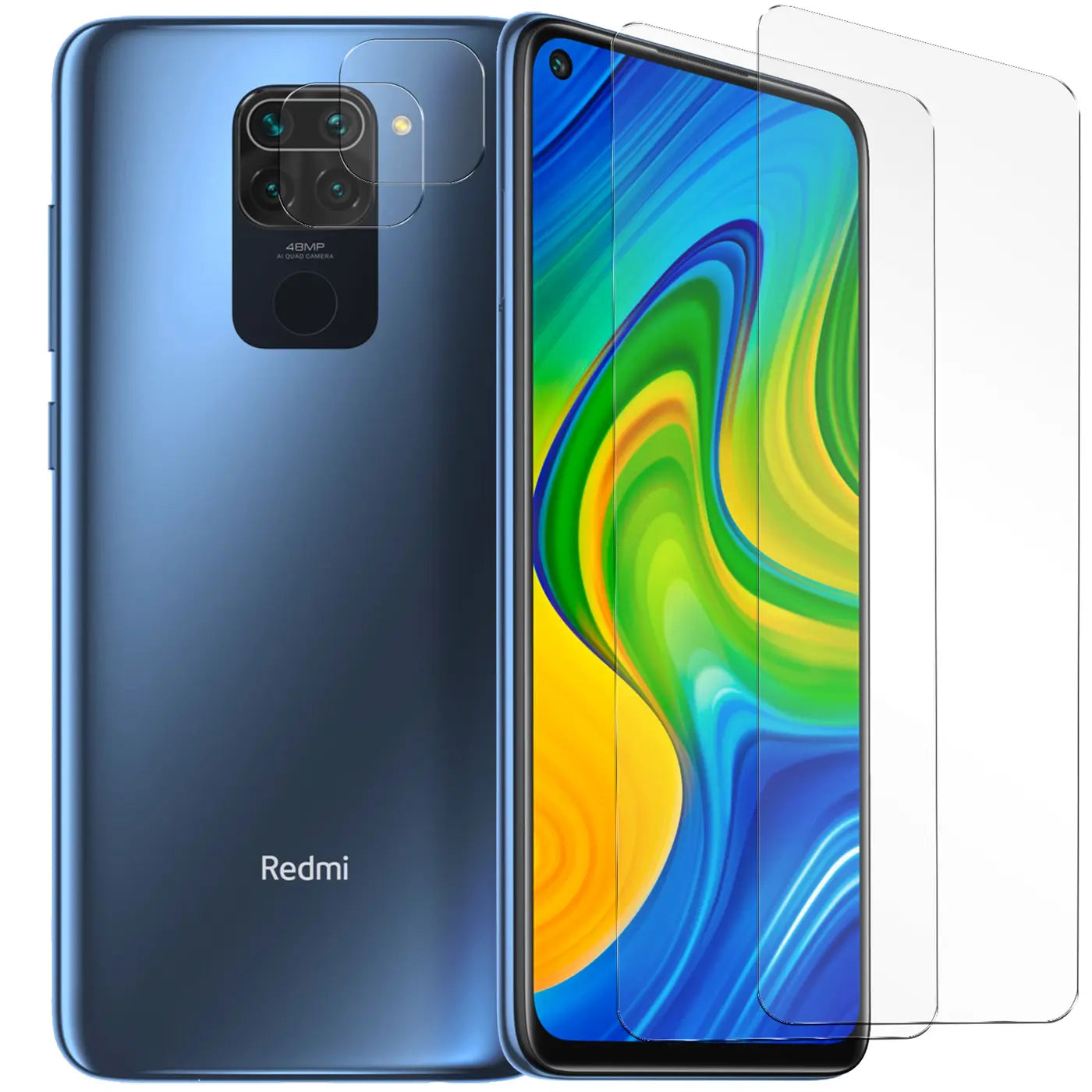 Blaues Xiaomi Redmi Note 9 von hinten und vorne mit zwei transparenten Schutzgläsern und einem Kameraschutz.