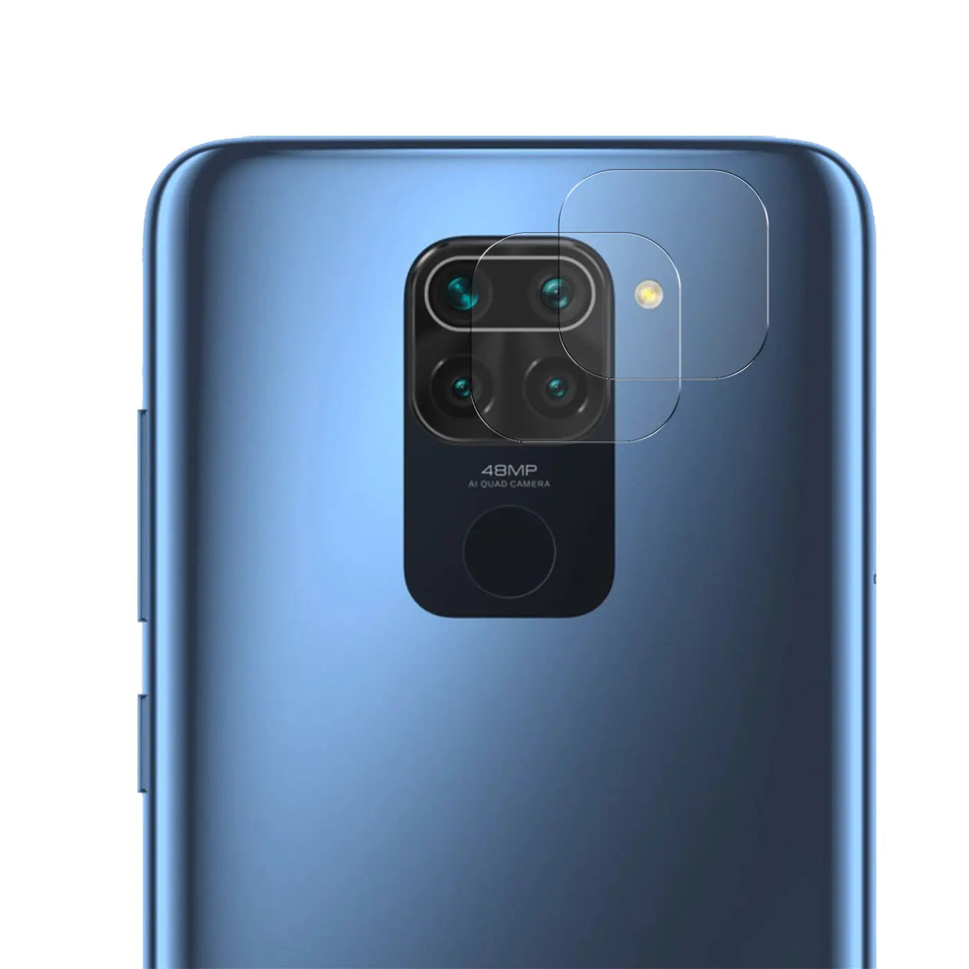 Rückseite eines blauen Xiaomi Redmi Note 9 mit transparentem Schutzglas auf der Kamera und dem Blitz, schräg von oben.