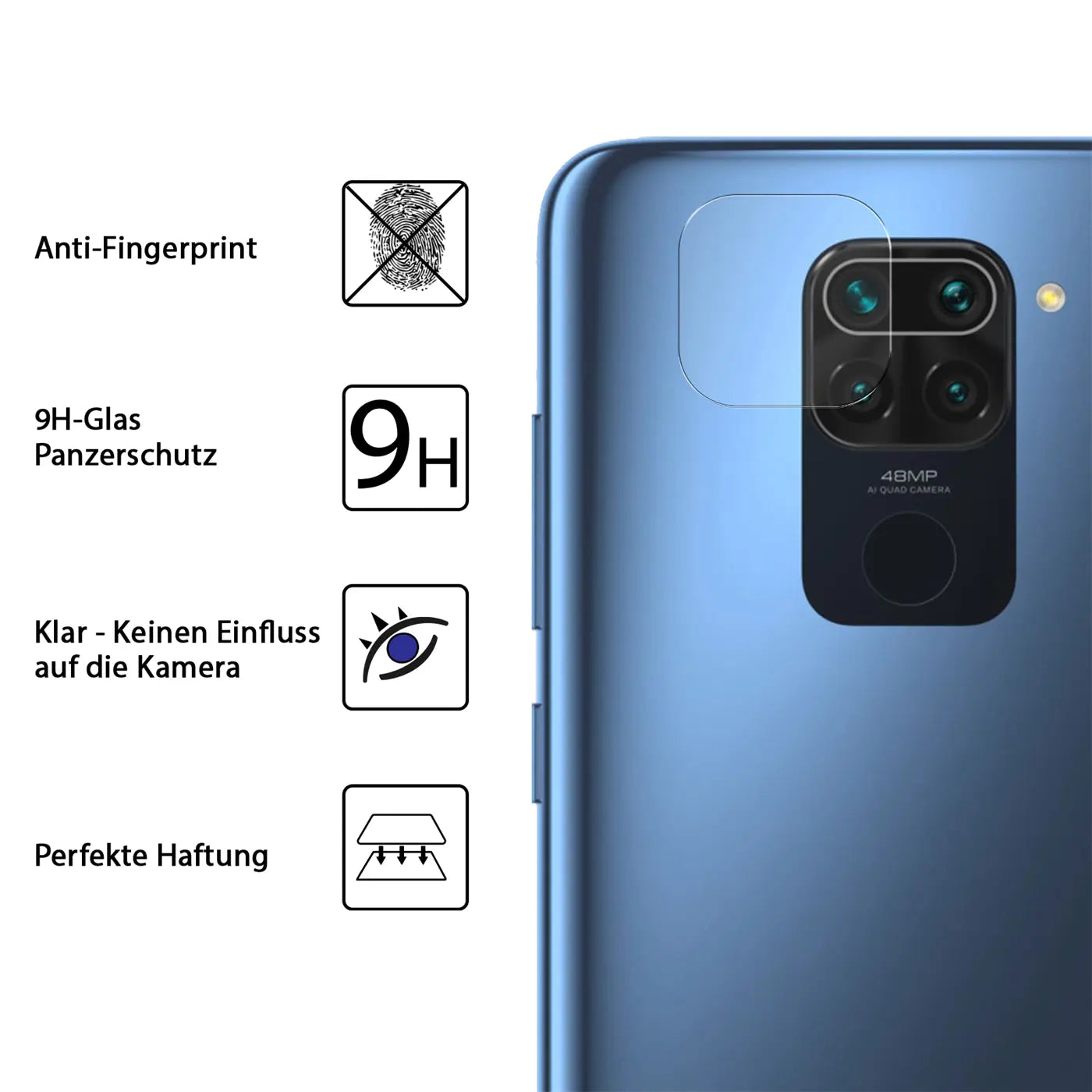 Nahaufnahme der Rückseite eines blauen Xiaomi Redmi Note 9 mit transparentem Schutzglas auf der Kamera.