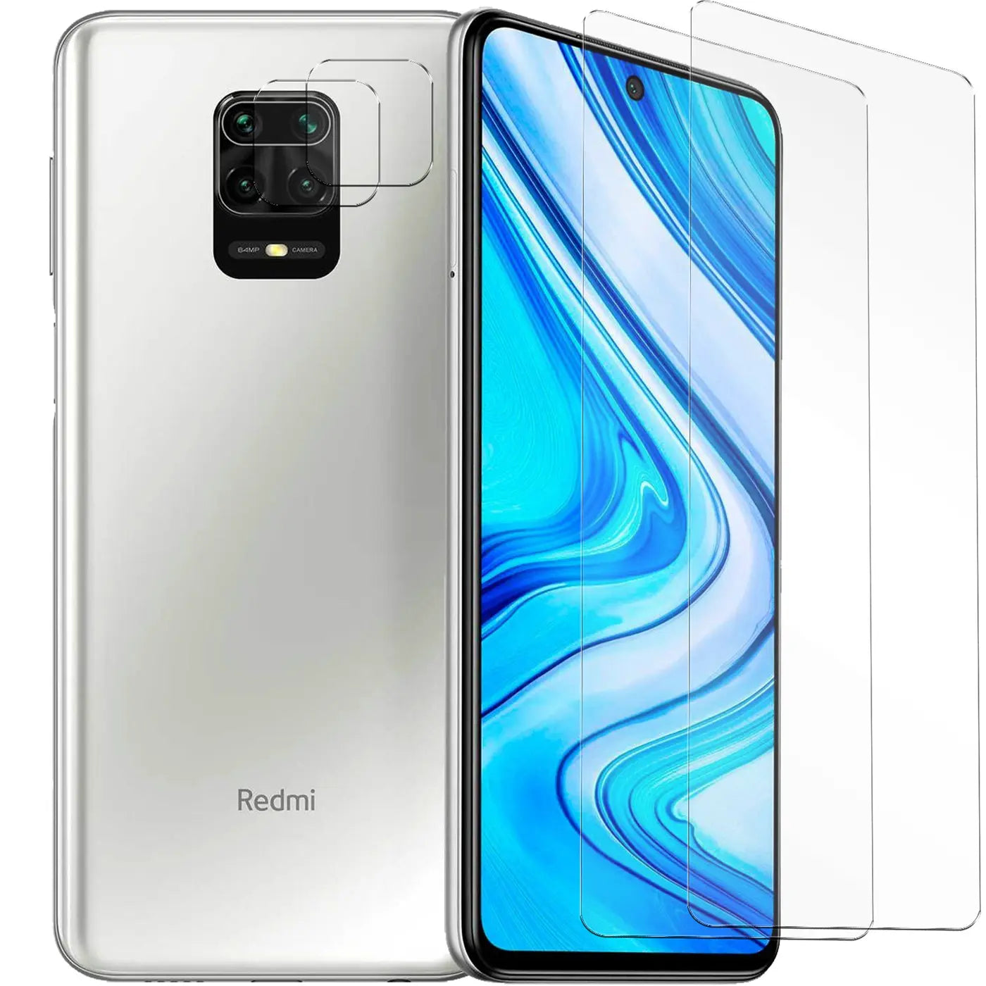 Silbernes Xiaomi Redmi Note 9 Pro mit zwei transparenten Schutzgläsern für Display und Kamera, schräg von vorne.