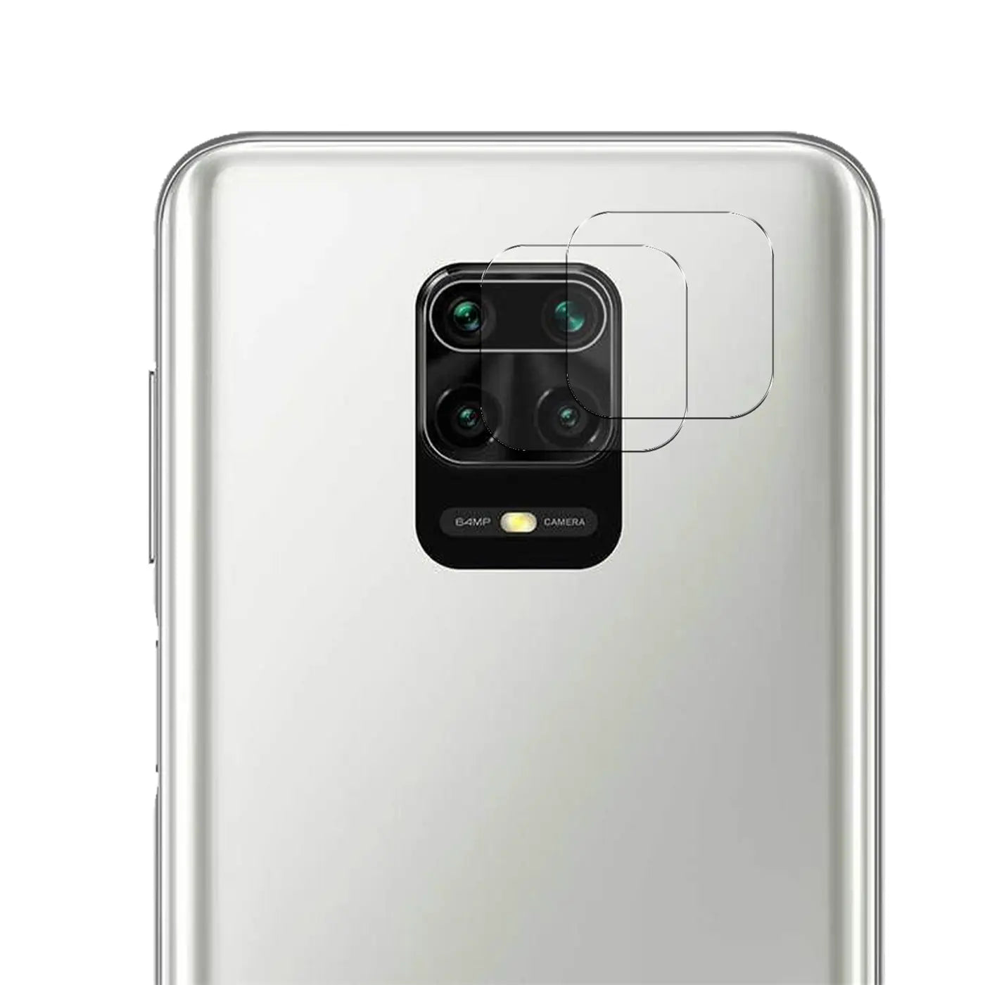 Rückseite eines silbernen Xiaomi Redmi Note 9 Pro mit zwei transparenten Schutzgläsern für die Kamera.
