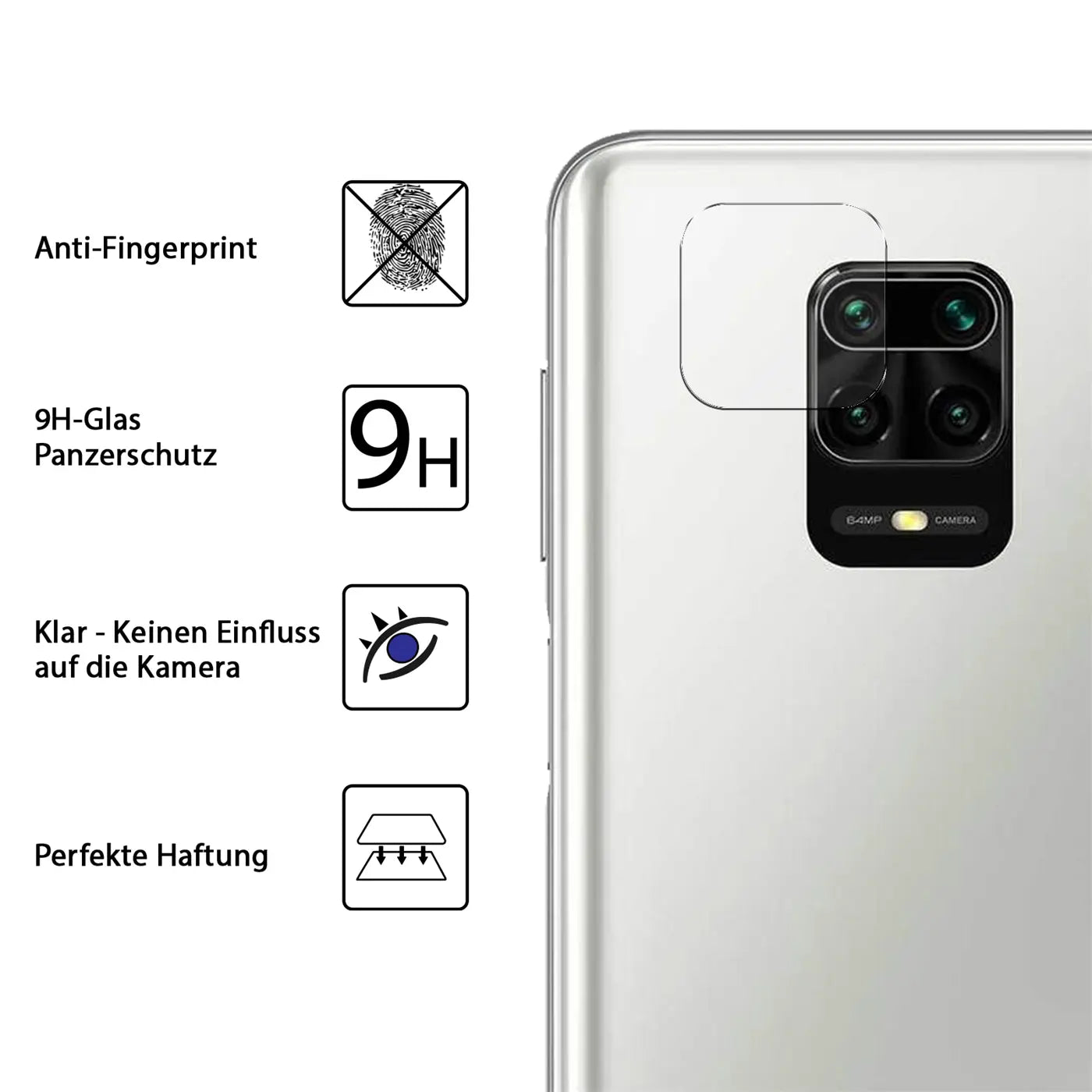 Rückseite eines silbernen Xiaomi Redmi Note 9 Pro mit aufgelegtem, transparentem Kameraschutzglas.