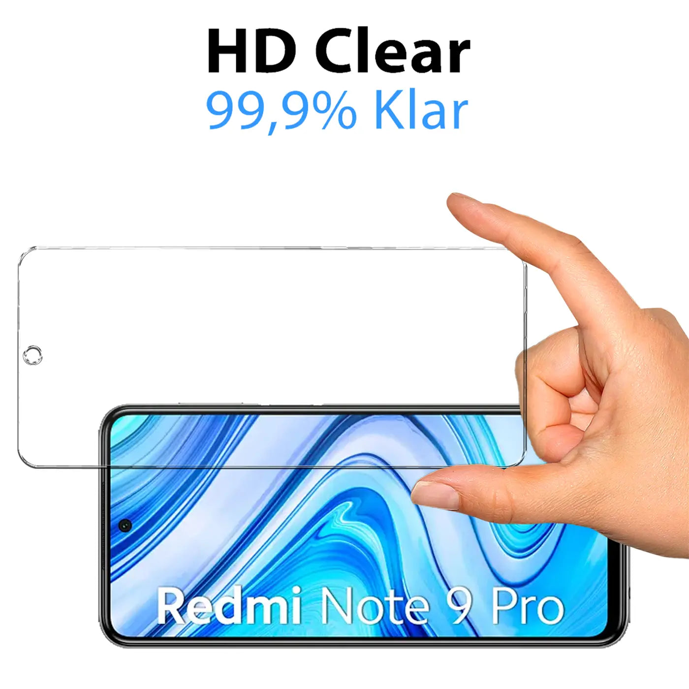 Transparente Schutzglasfolie für Xiaomi Redmi Note 9 Pro, von Hand über dem Display gehalten.