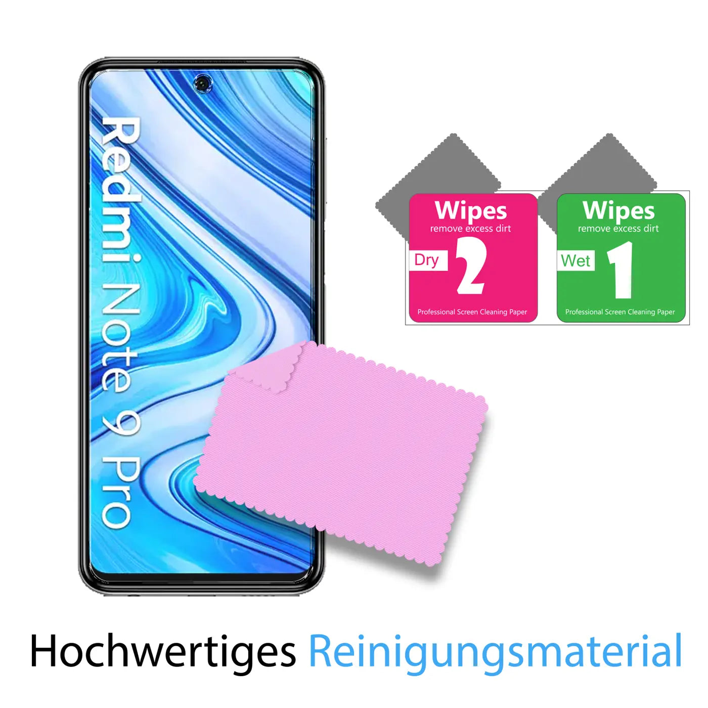 Xiaomi Redmi Note 9 Pro Schutzglas-Set: Smartphone, rosa Mikrofasertuch, feuchtes und trockenes Reinigungstuch.