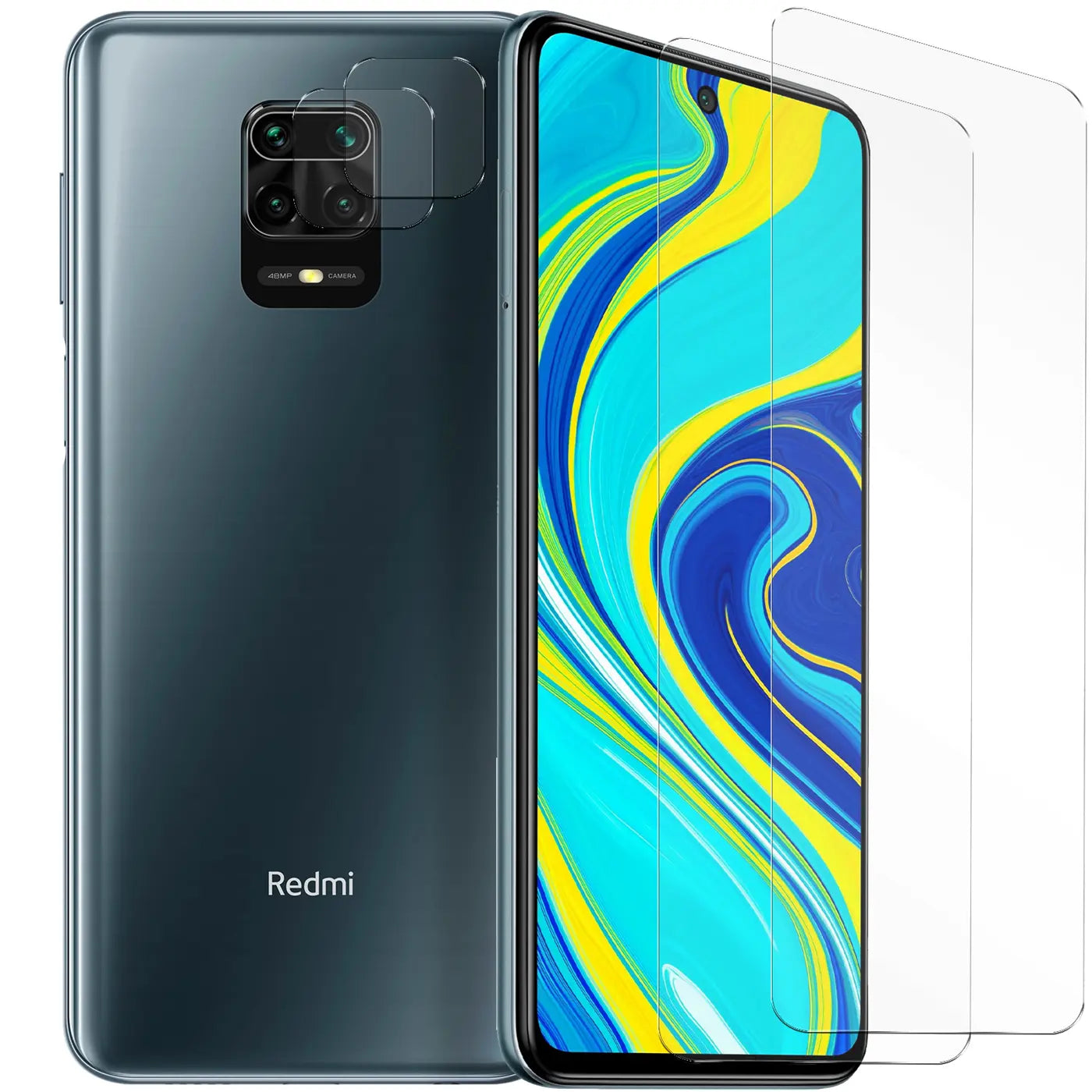 Dunkelgraues Xiaomi Redmi Note 9S von hinten und schräg vorne mit 2 Displayschutzfolien und 2 Kameraschutzgläsern.