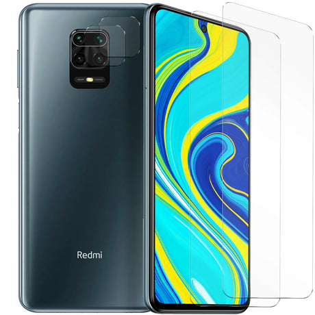 4in1 9H Displayschutz-Set für Xiaomi Redmi Note 9S, 2x Displayglas und 2x Kameraglas